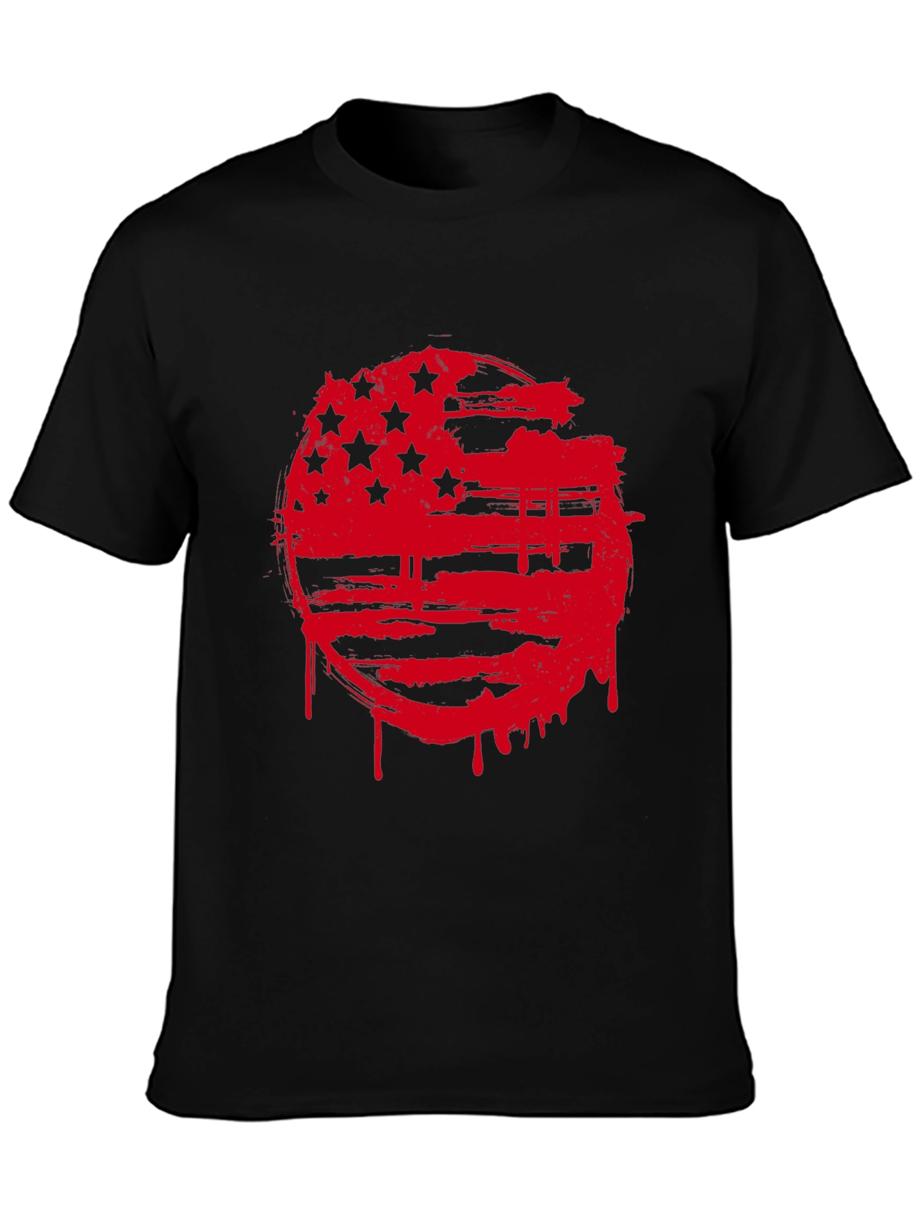 Mens Black T-Shirt with Red Grunge American Flag Design