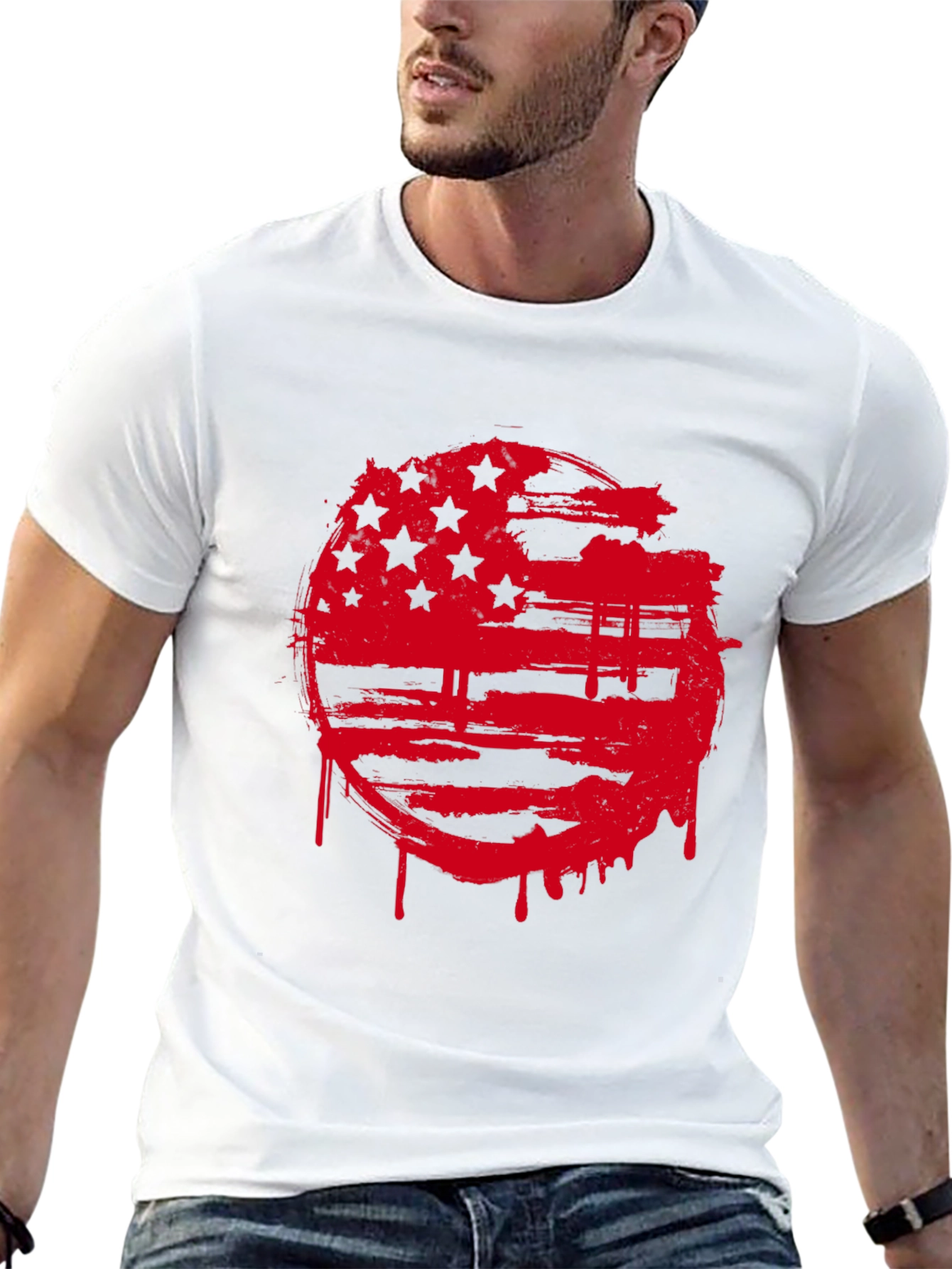 Mens Black T-Shirt with Red Grunge American Flag Design