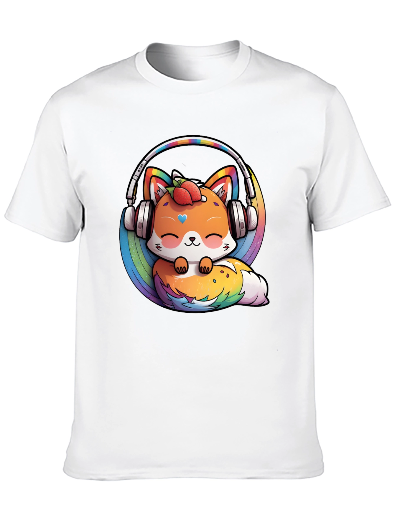 Cute Fox Rainbow Headphones Black T-Shirt