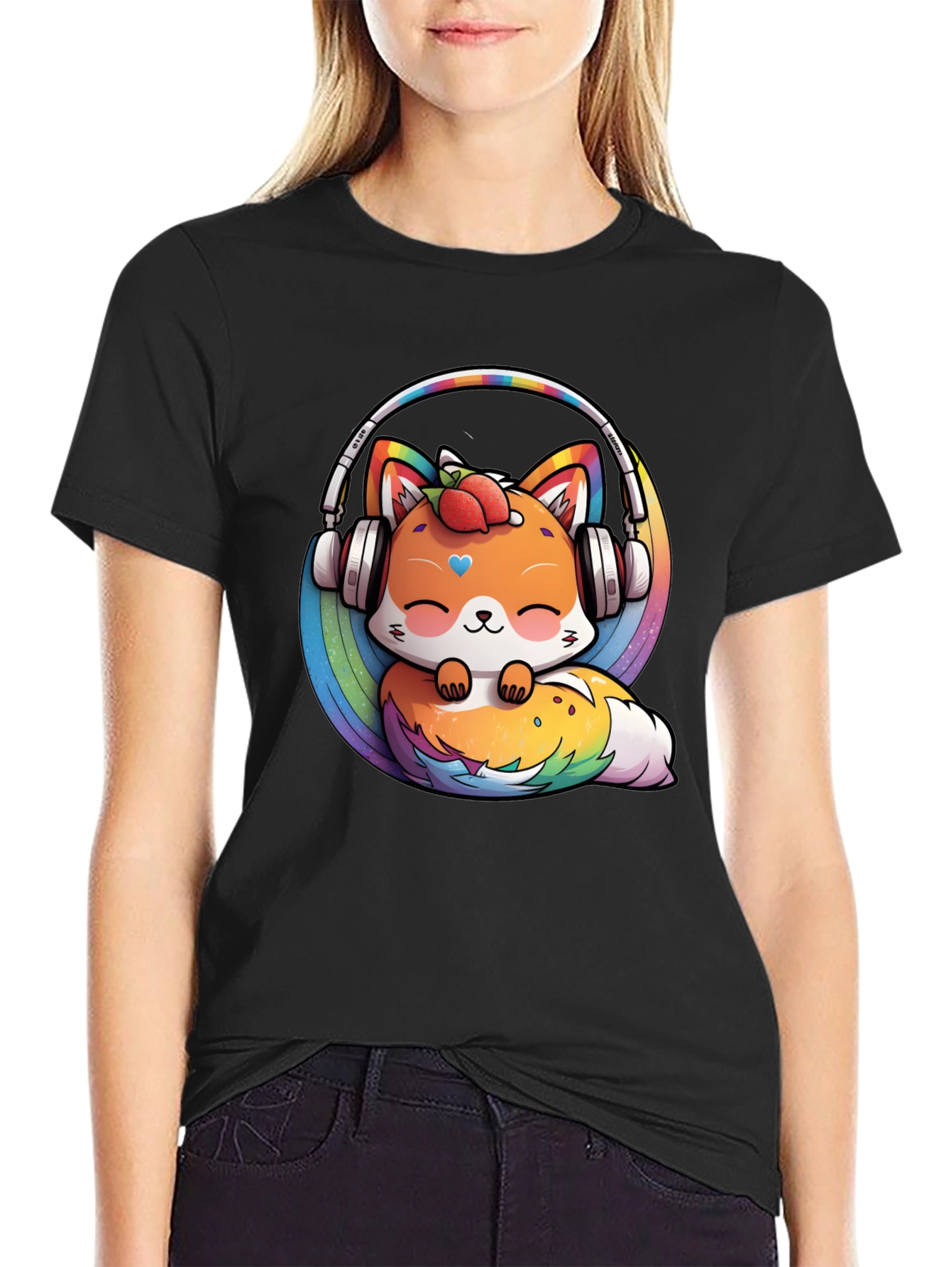 Cute Fox Rainbow Headphones Black T-Shirt