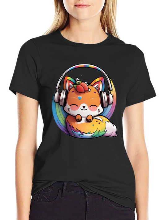 Cute Fox Rainbow Headphones Black T-Shirt