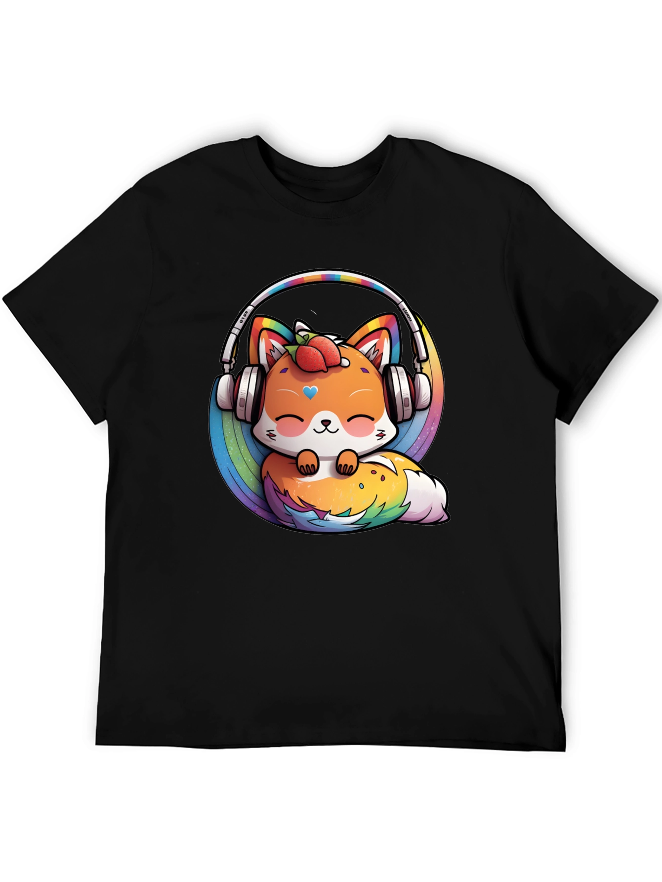 Cute Fox Rainbow Headphones Black T-Shirt