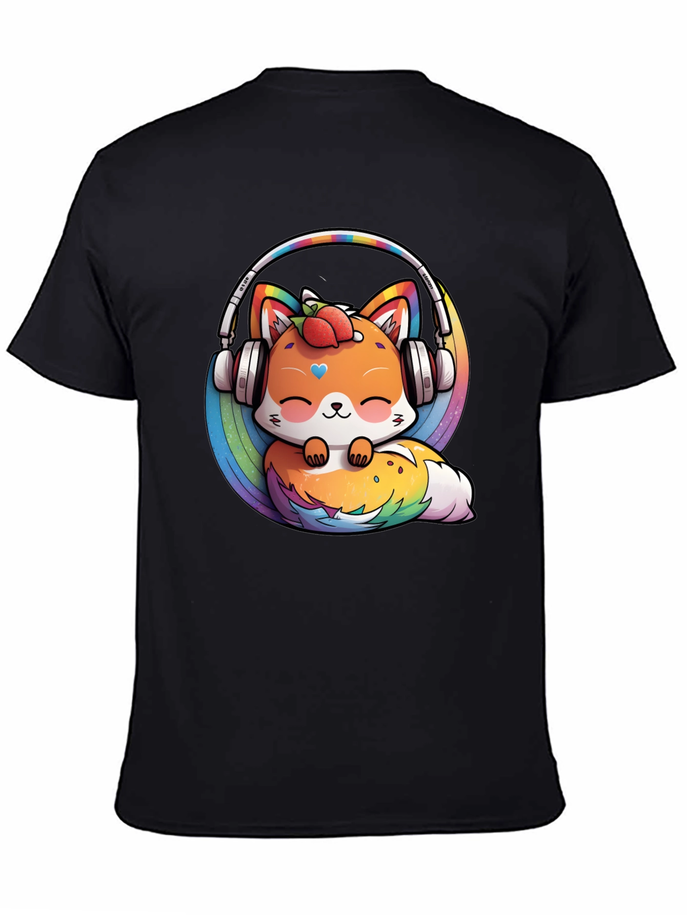 Cute Fox Rainbow Headphones Black T-Shirt