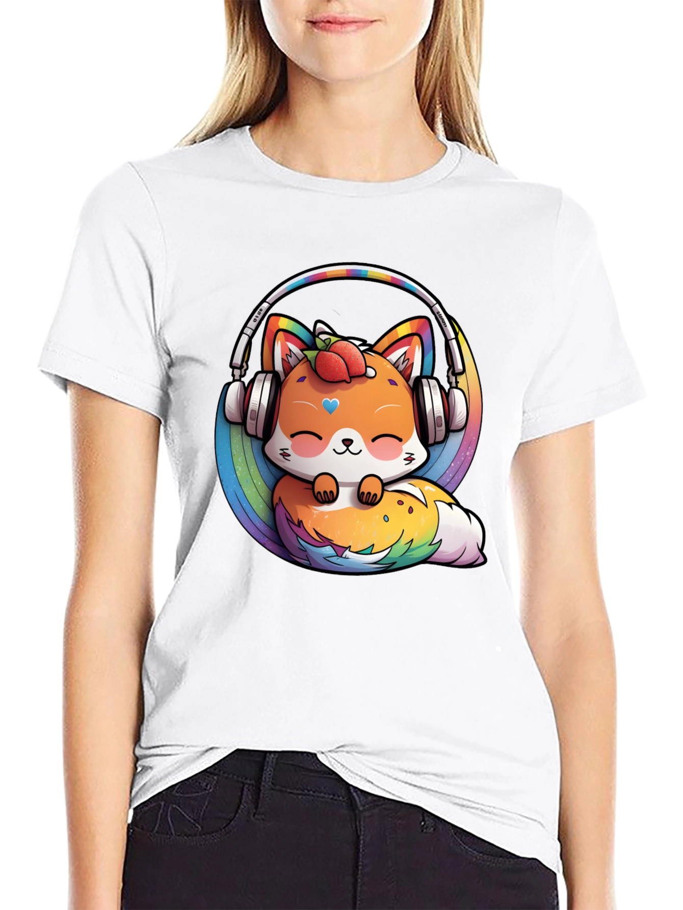 Cute Fox Rainbow Headphones Black T-Shirt