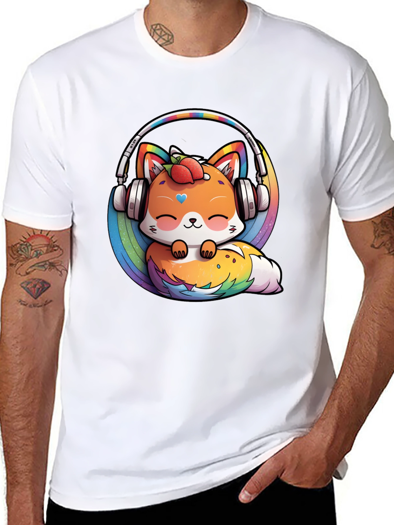 Cute Fox Rainbow Headphones Black T-Shirt