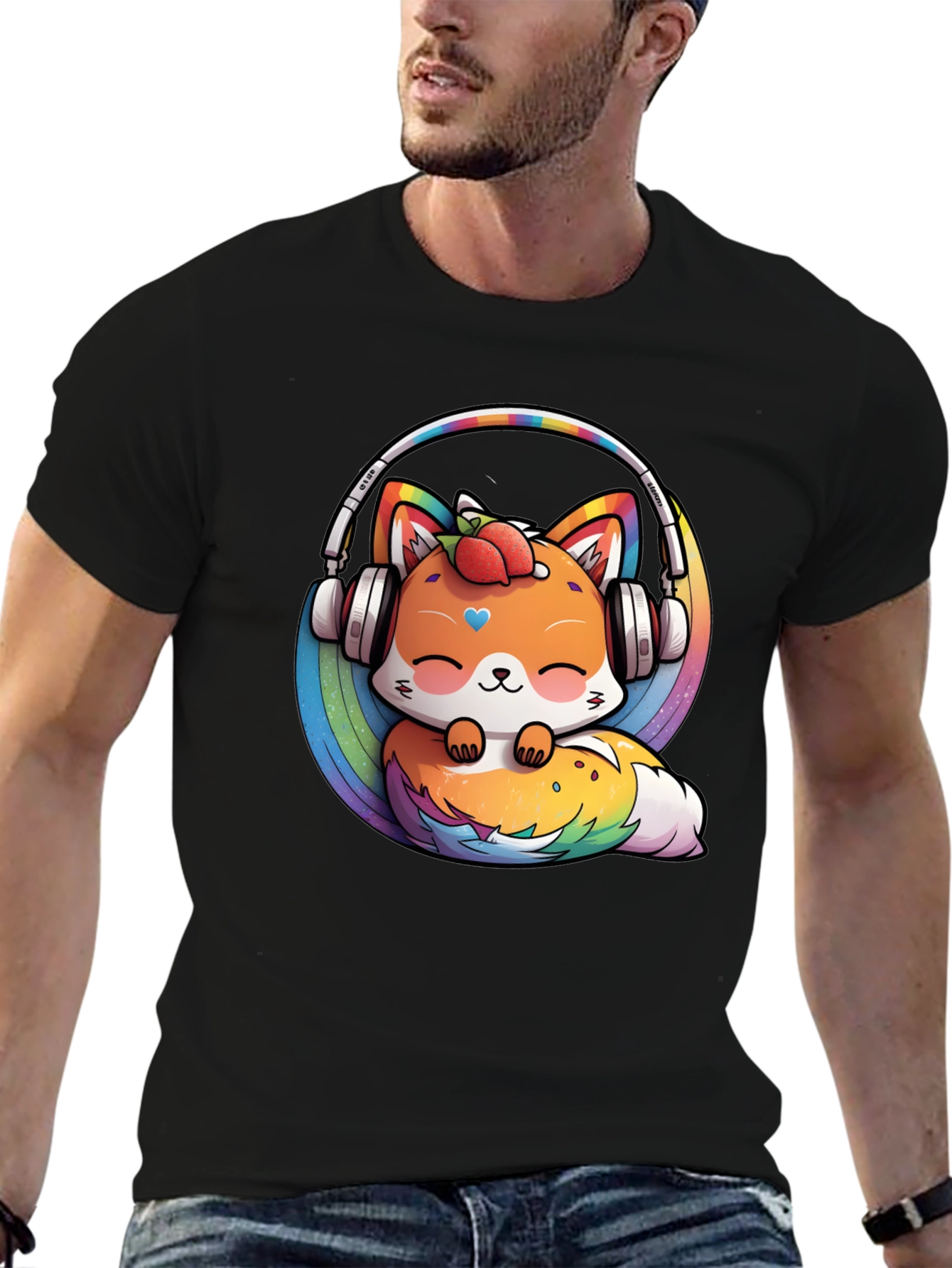 Cute Fox Rainbow Headphones Black T-Shirt