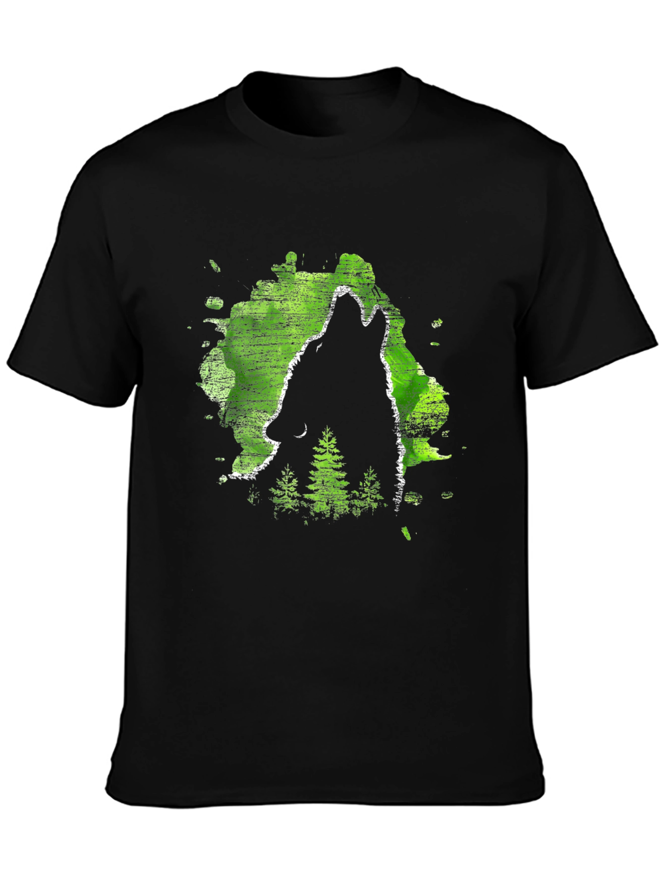 Wolf Howl Black T-Shirt Green Forest Design