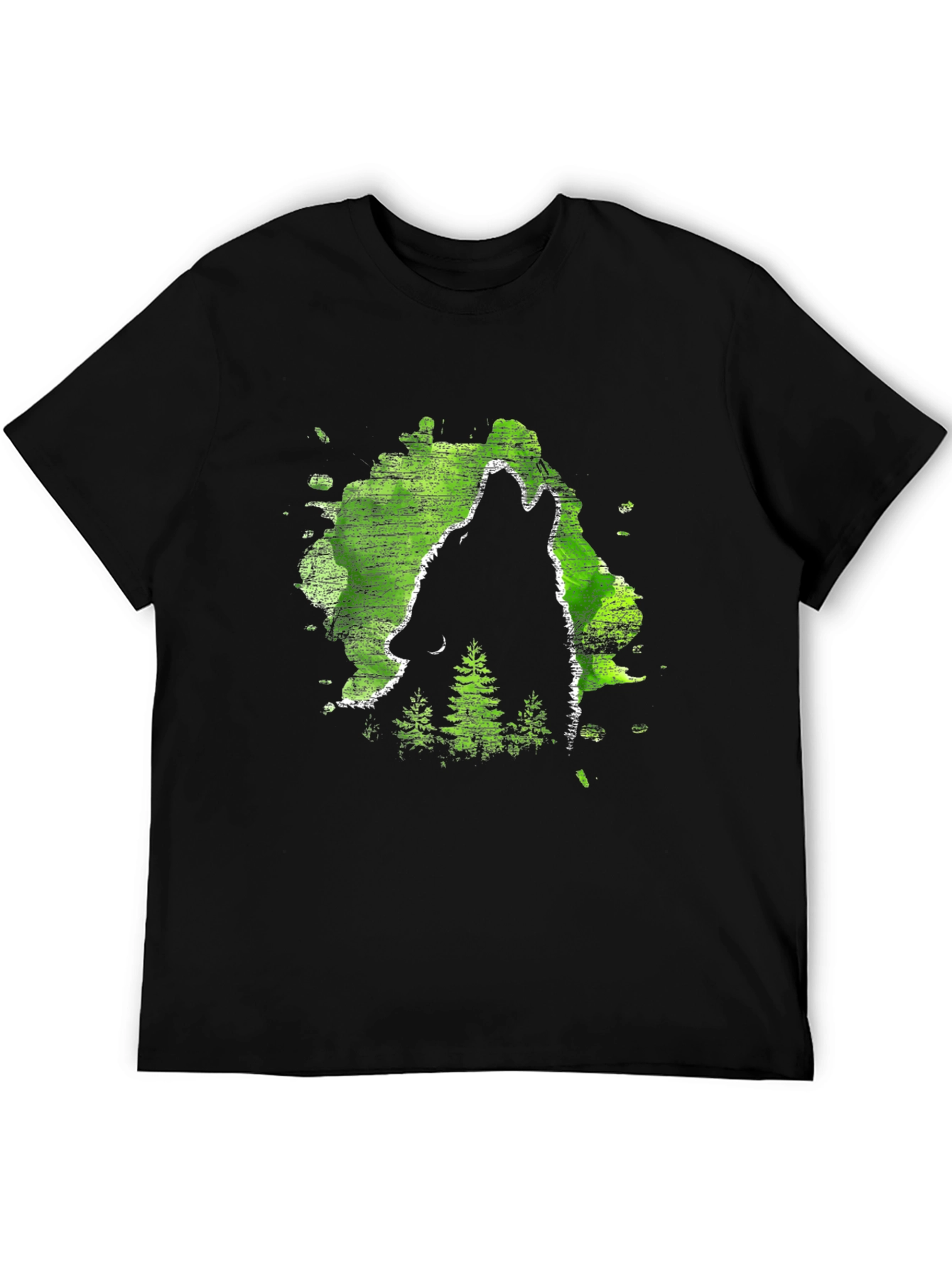 Wolf Howl Black T-Shirt Green Forest Design