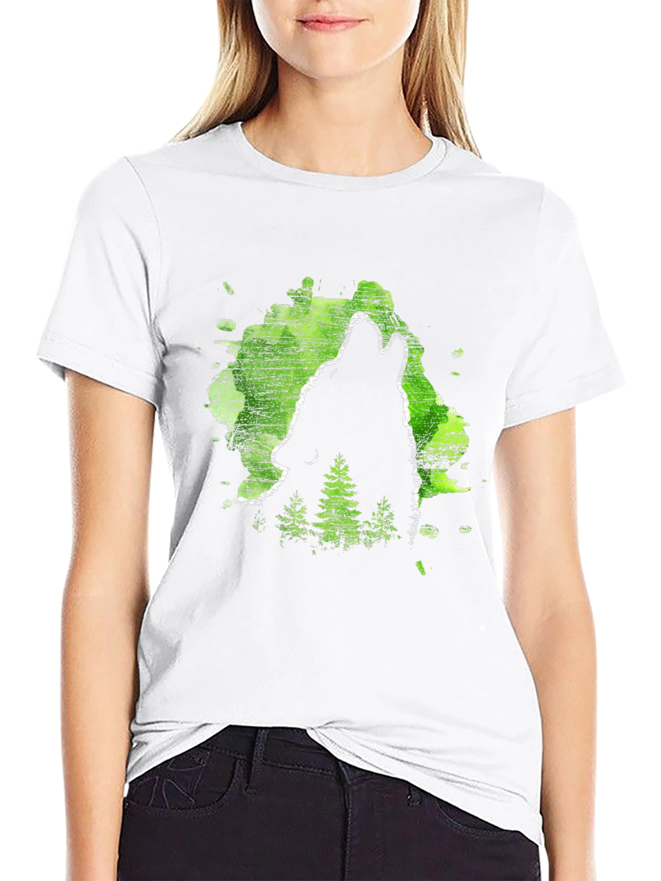Wolf Howl Black T-Shirt Green Forest Design