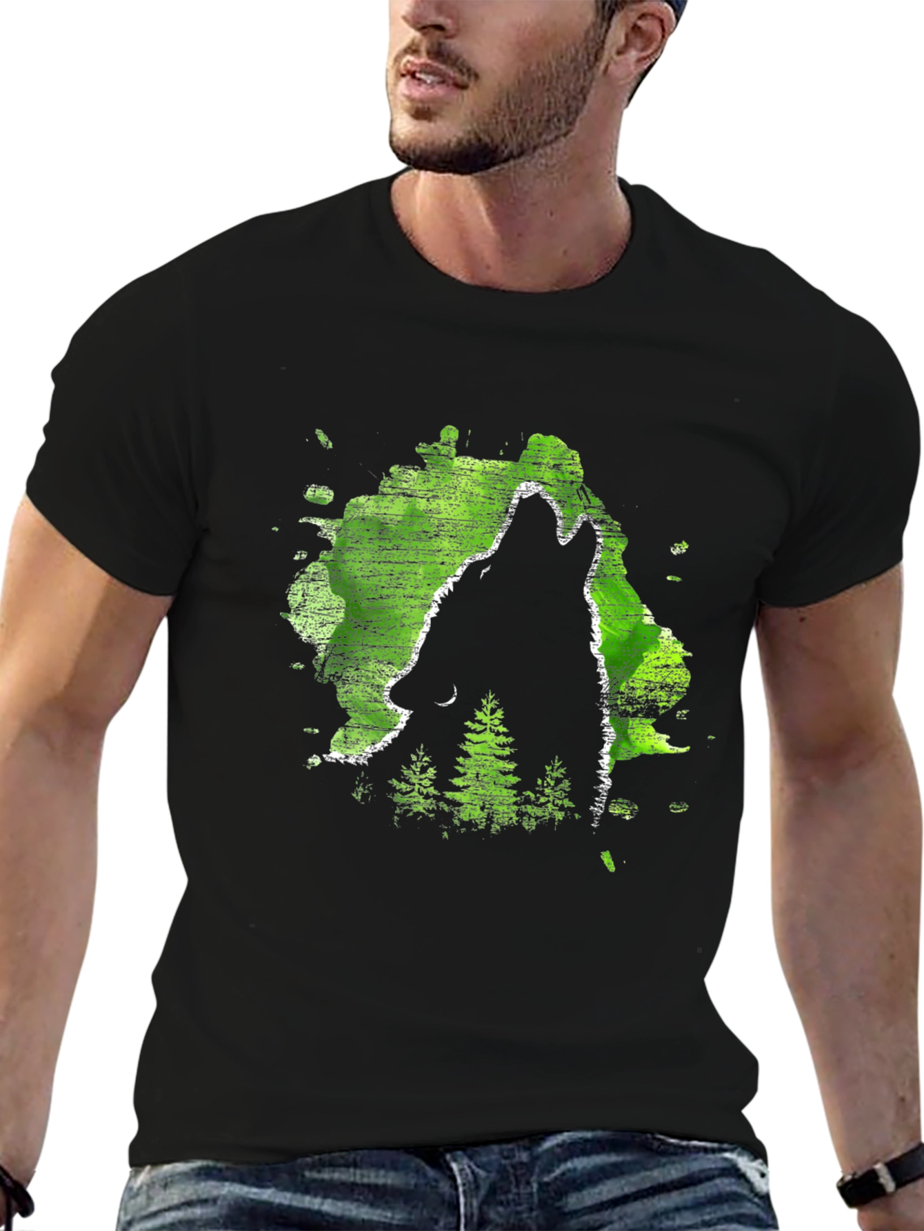 Wolf Howl Black T-Shirt Green Forest Design