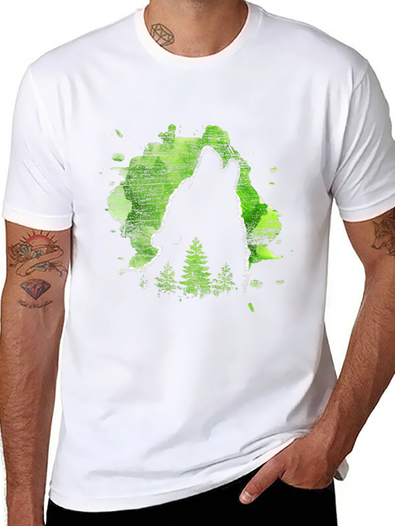 Wolf Howl Black T-Shirt Green Forest Design