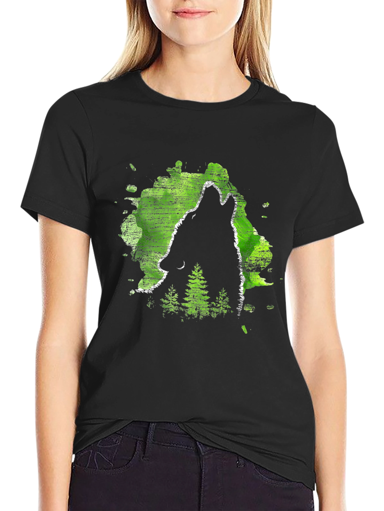 Wolf Howl Black T-Shirt Green Forest Design