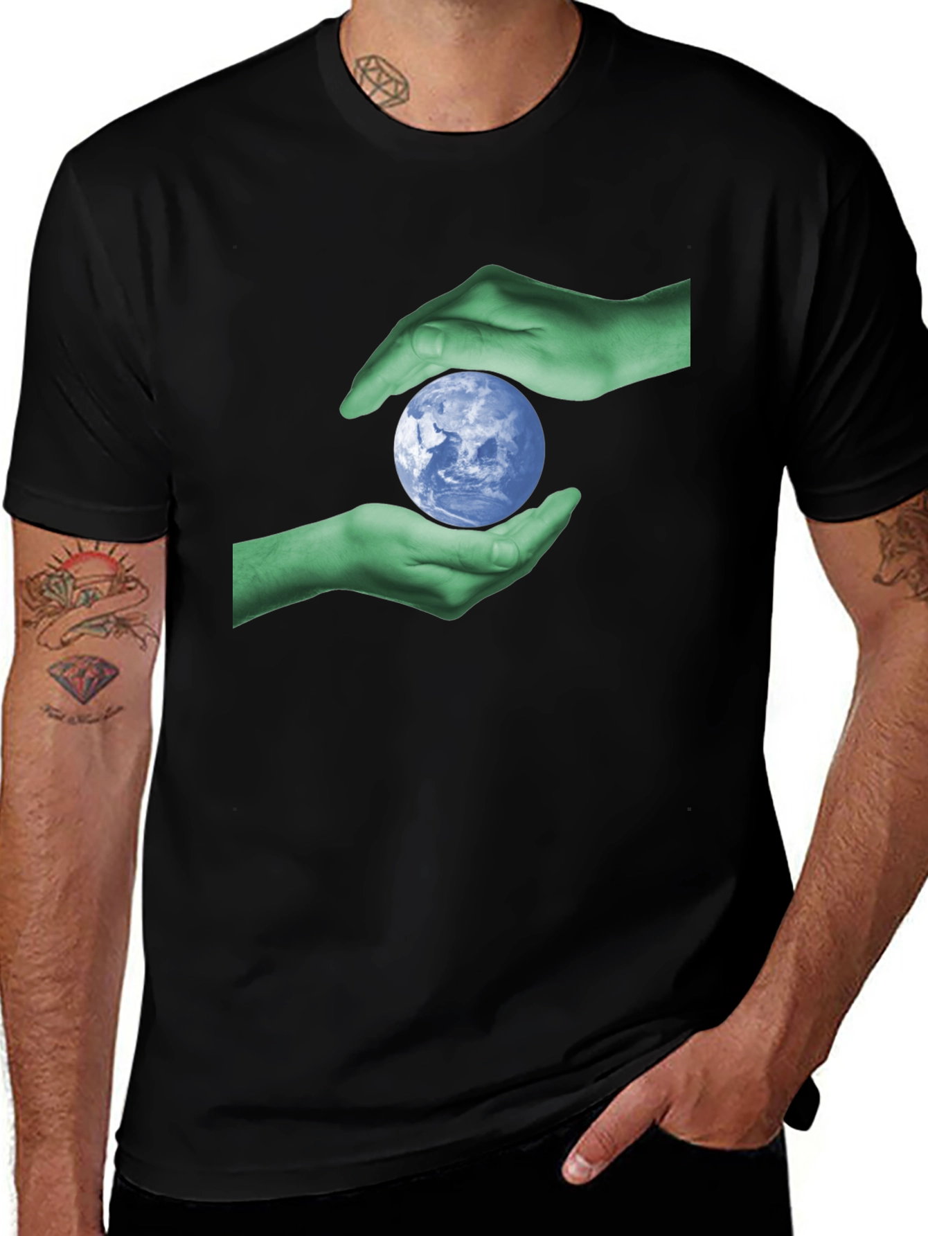 Earth Hands Graphic Tee - Black Cotton T-Shirt