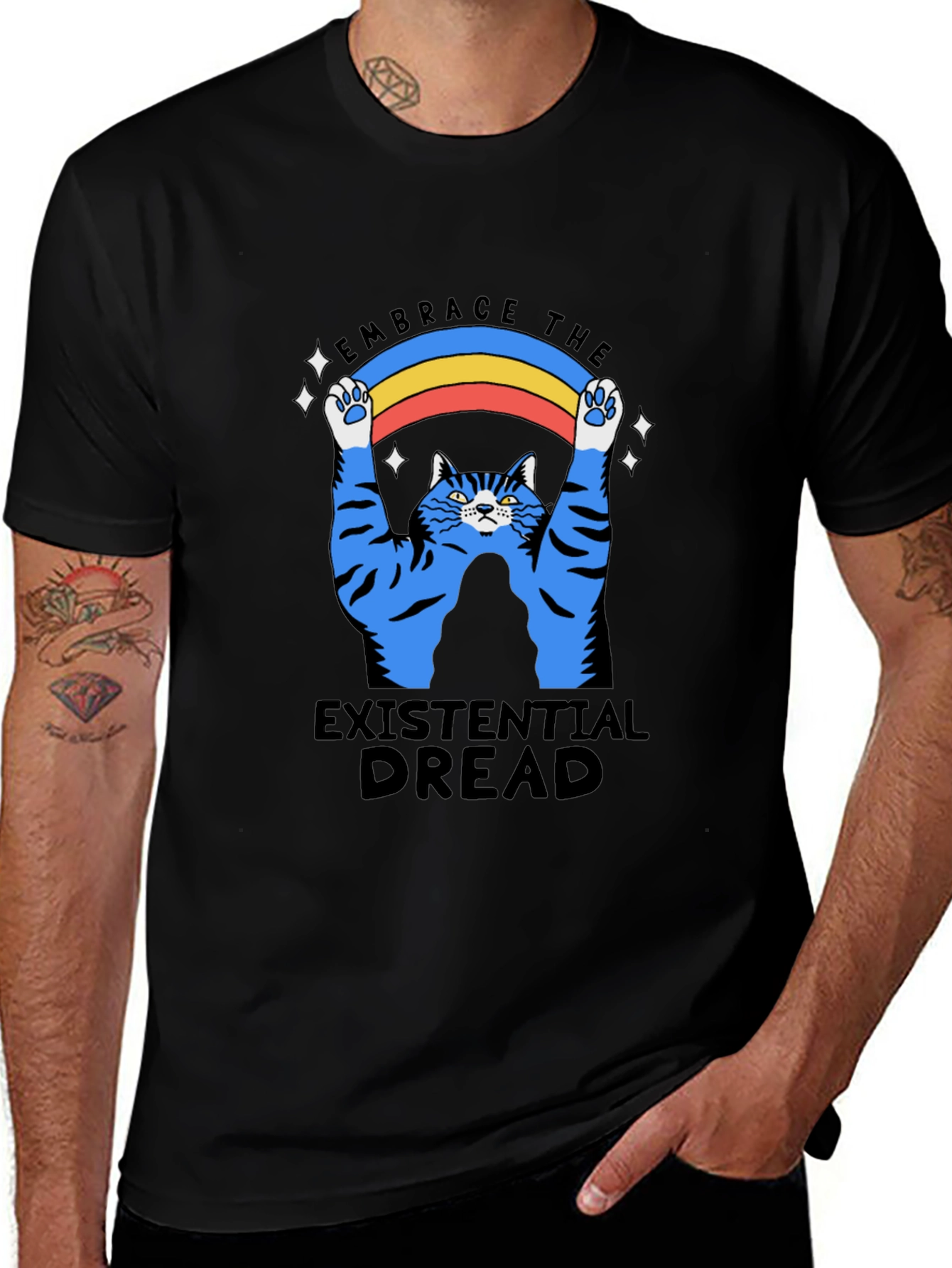 Existential Dread Cat Graphic T-Shirt - Embrace the Rainbow