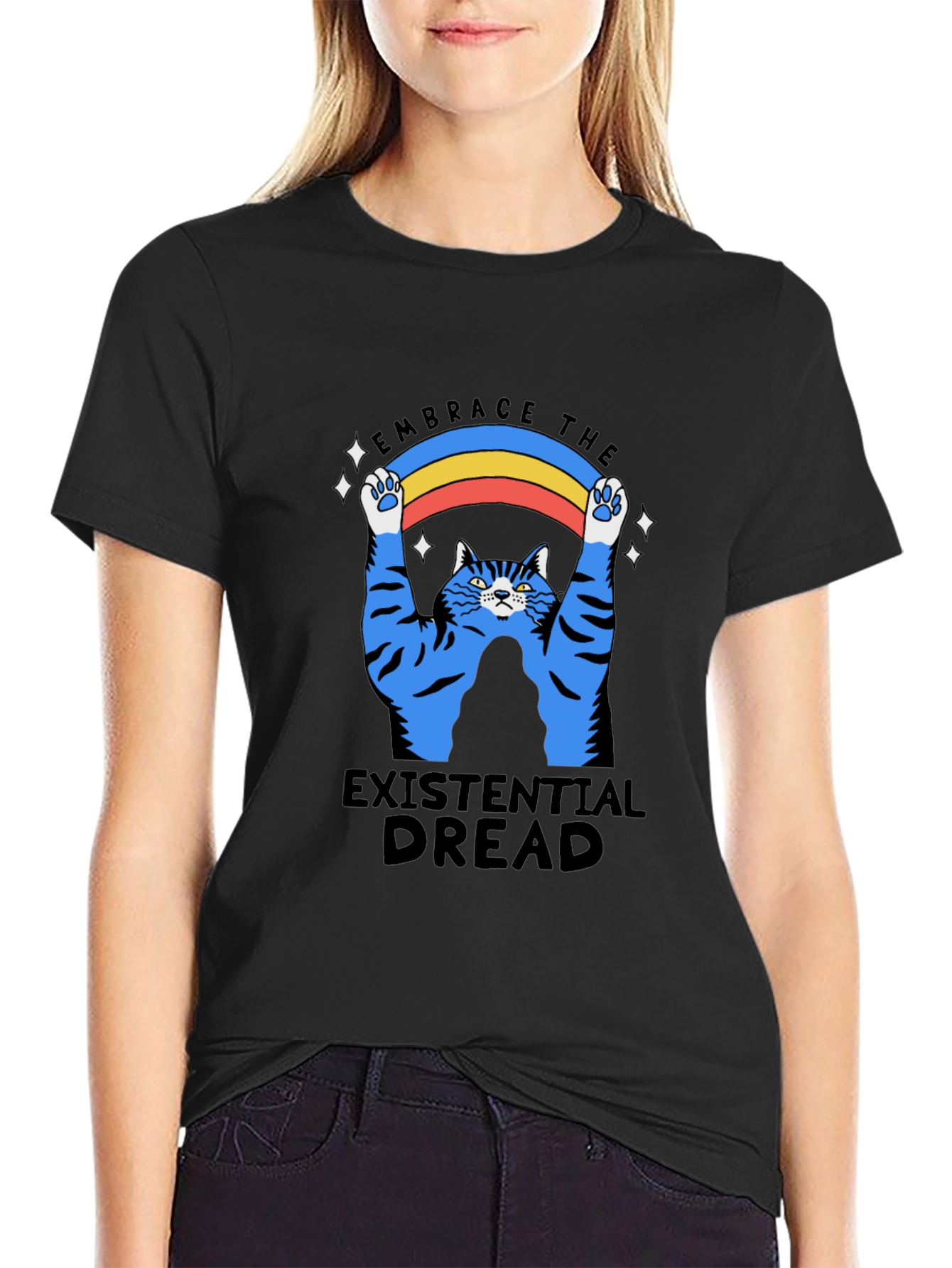 Existential Dread Cat Graphic T-Shirt - Embrace the Rainbow