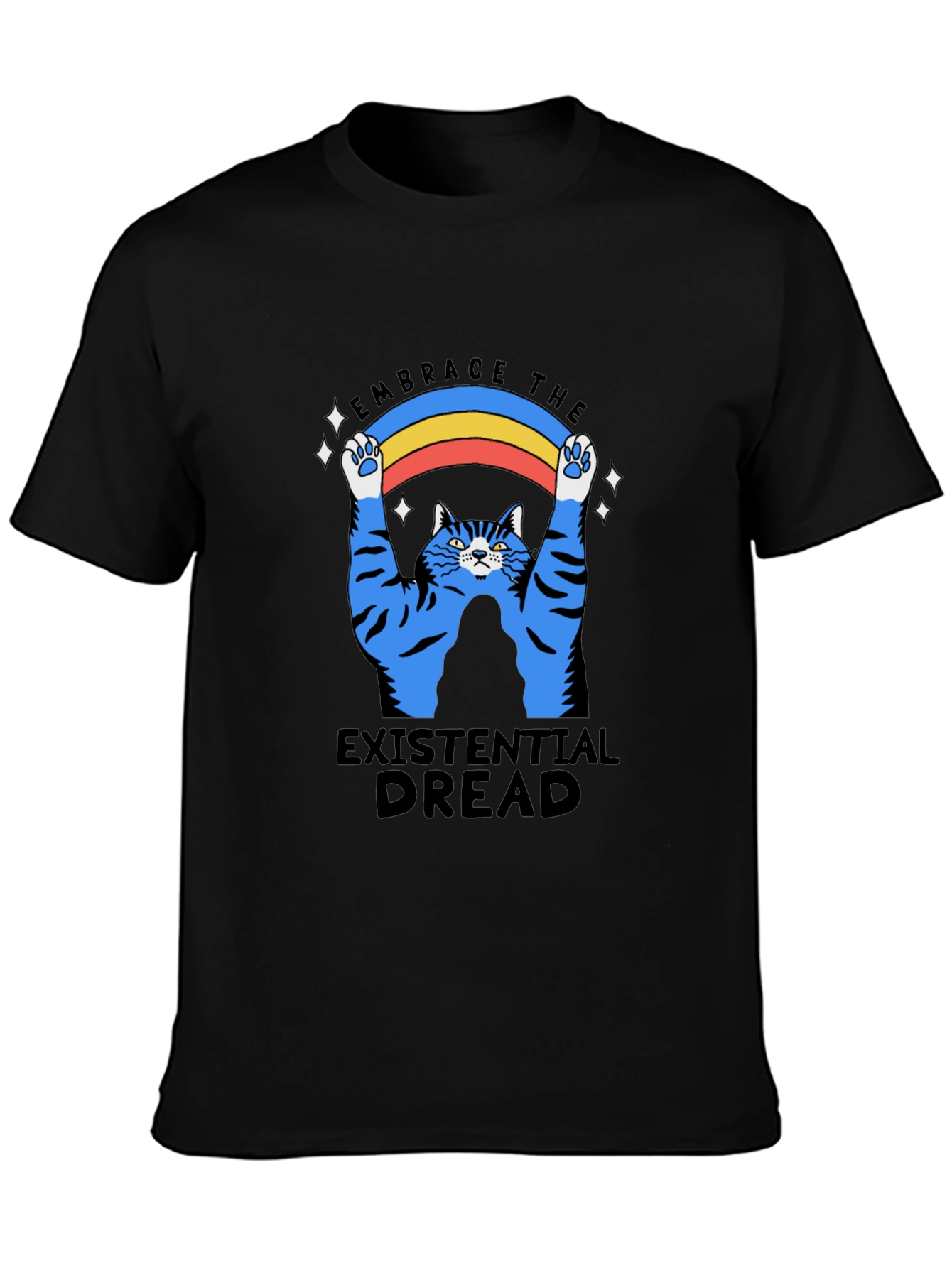 Existential Dread Cat Graphic T-Shirt - Embrace the Rainbow