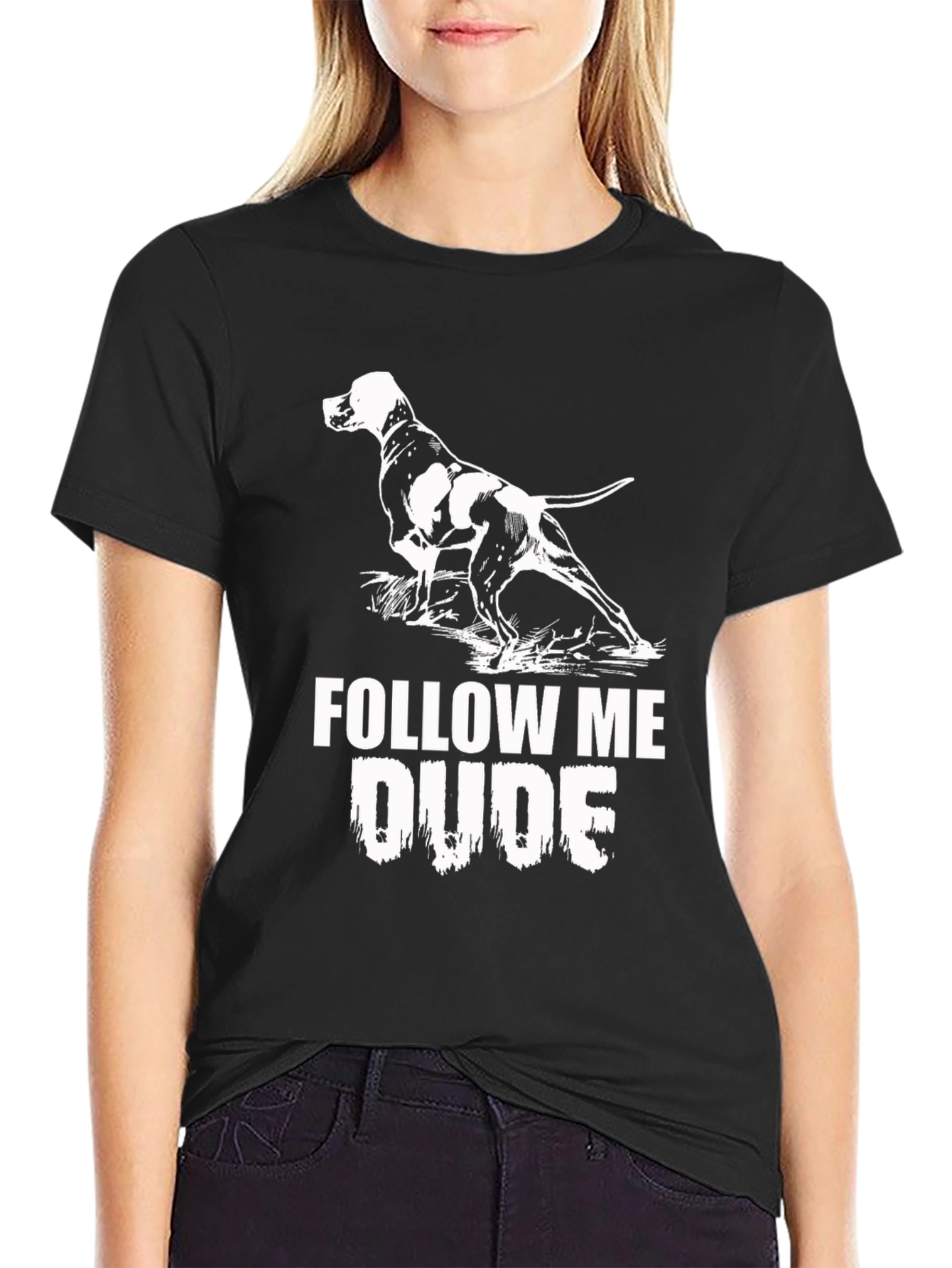 Follow Me Dude Dog Graphic Black T-Shirt