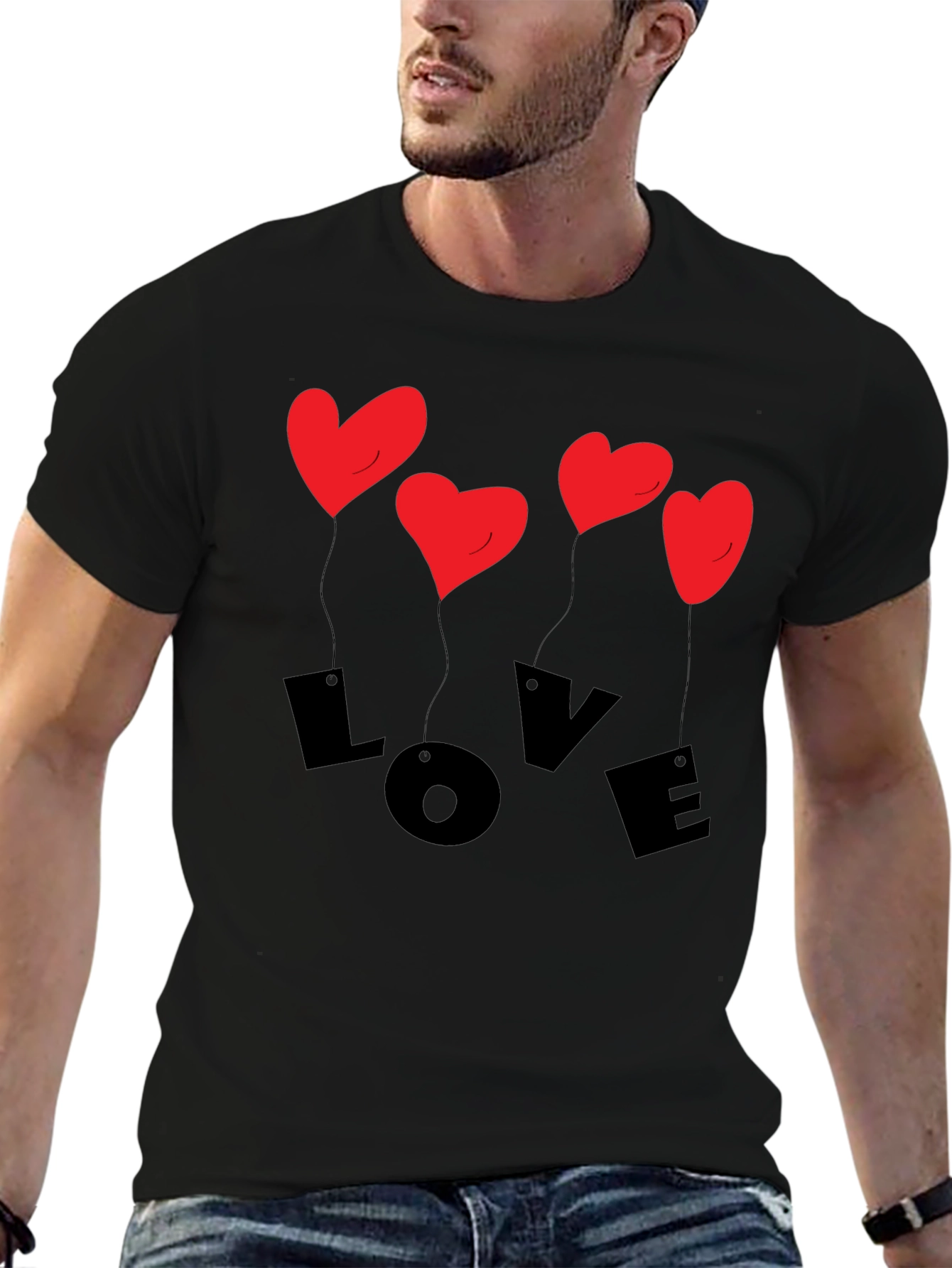 Love Heart Balloons Graphic T-Shirt - Mens Black Tee