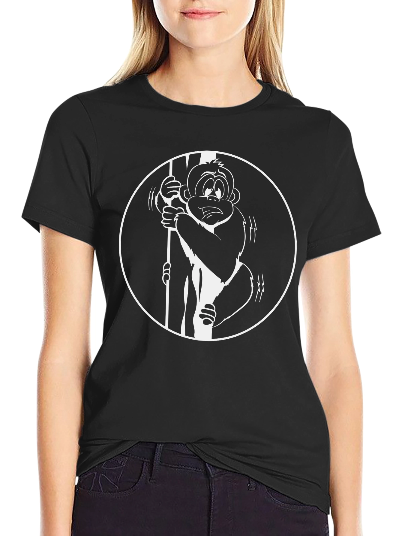 Funny Monkey Cartoon Graphic Tee - Black Cotton T-Shirt