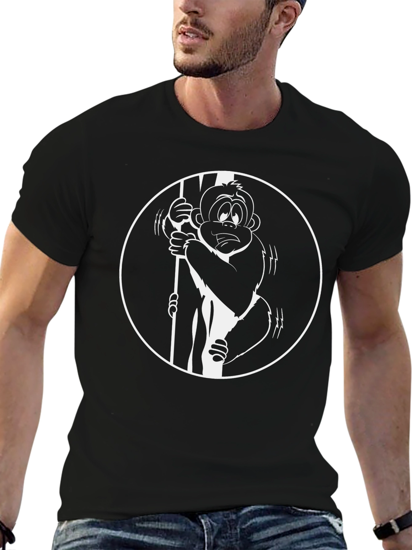 Funny Monkey Cartoon Graphic Tee - Black Cotton T-Shirt