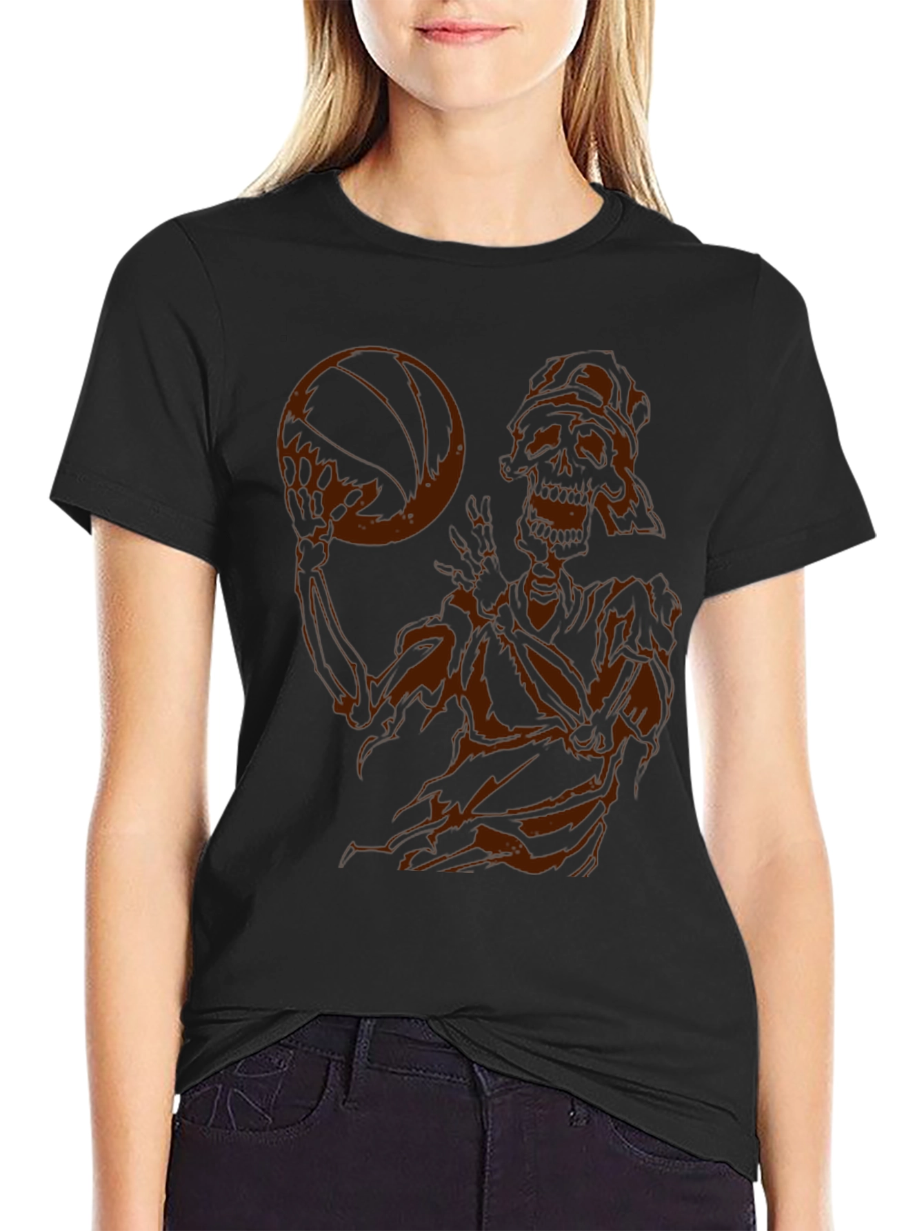 Skeleton Basketball Graphic Tee - Dark Humor Style