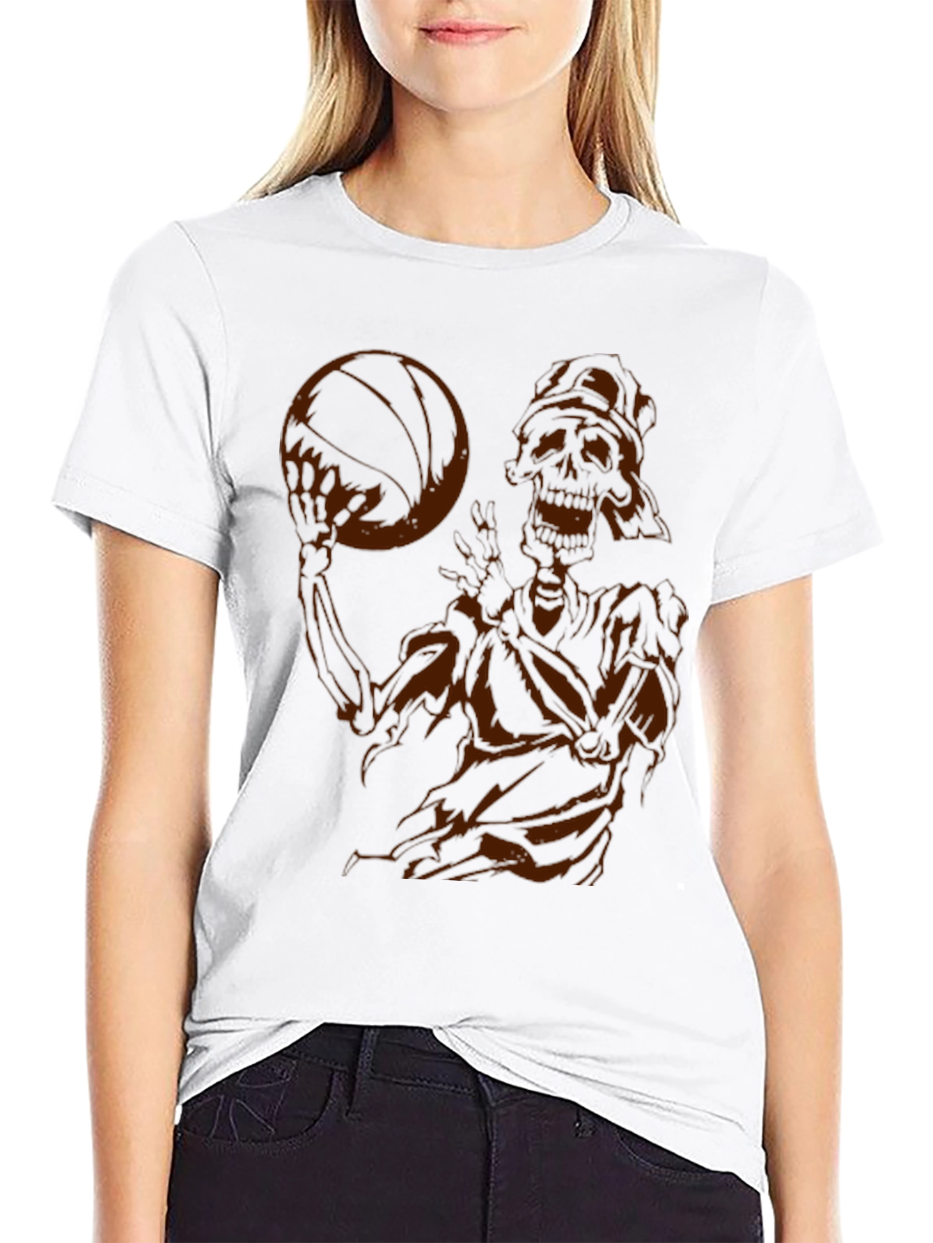Skeleton Basketball Graphic Tee - Dark Humor Style