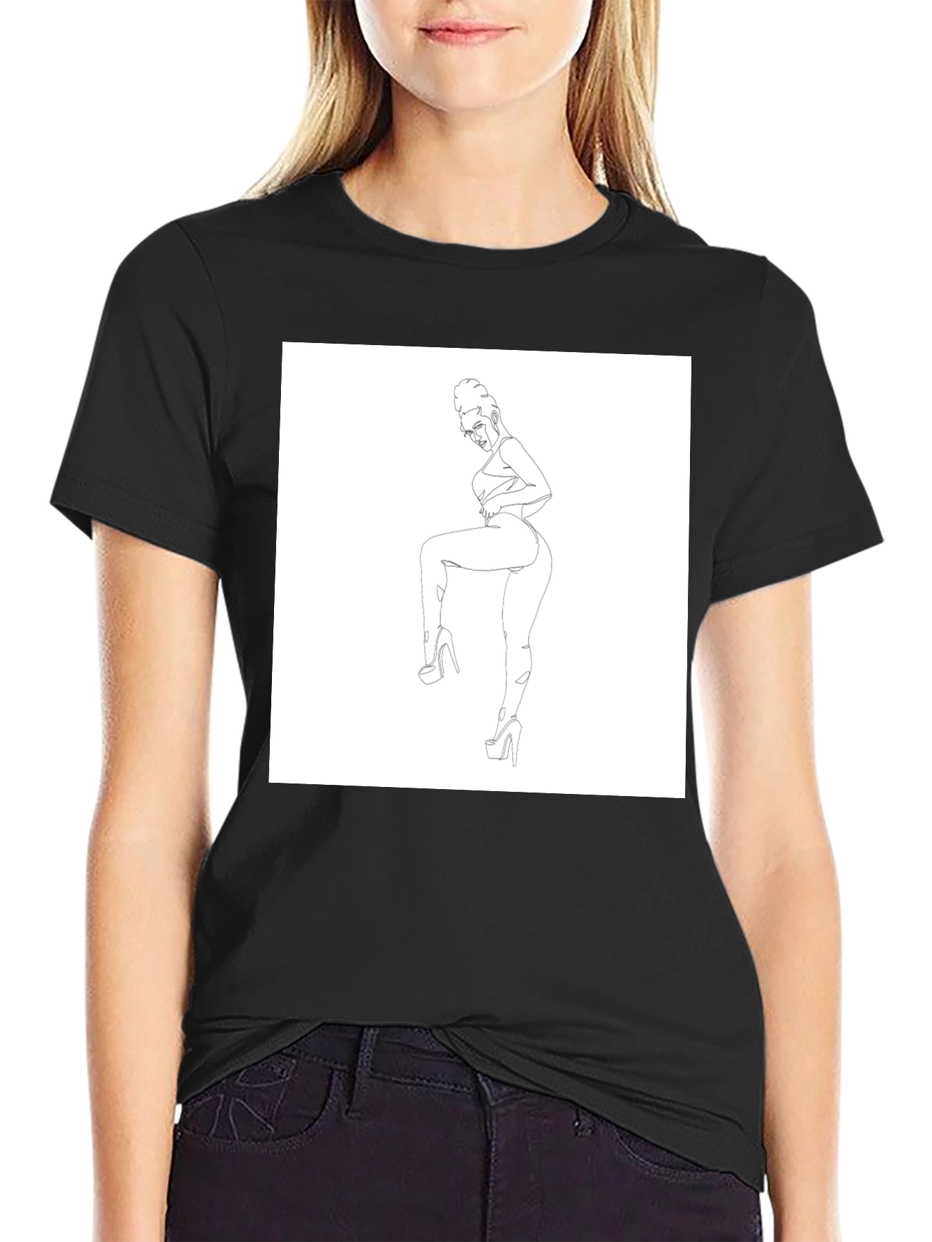 Black Graphic T-Shirt - Minimalist Woman Art