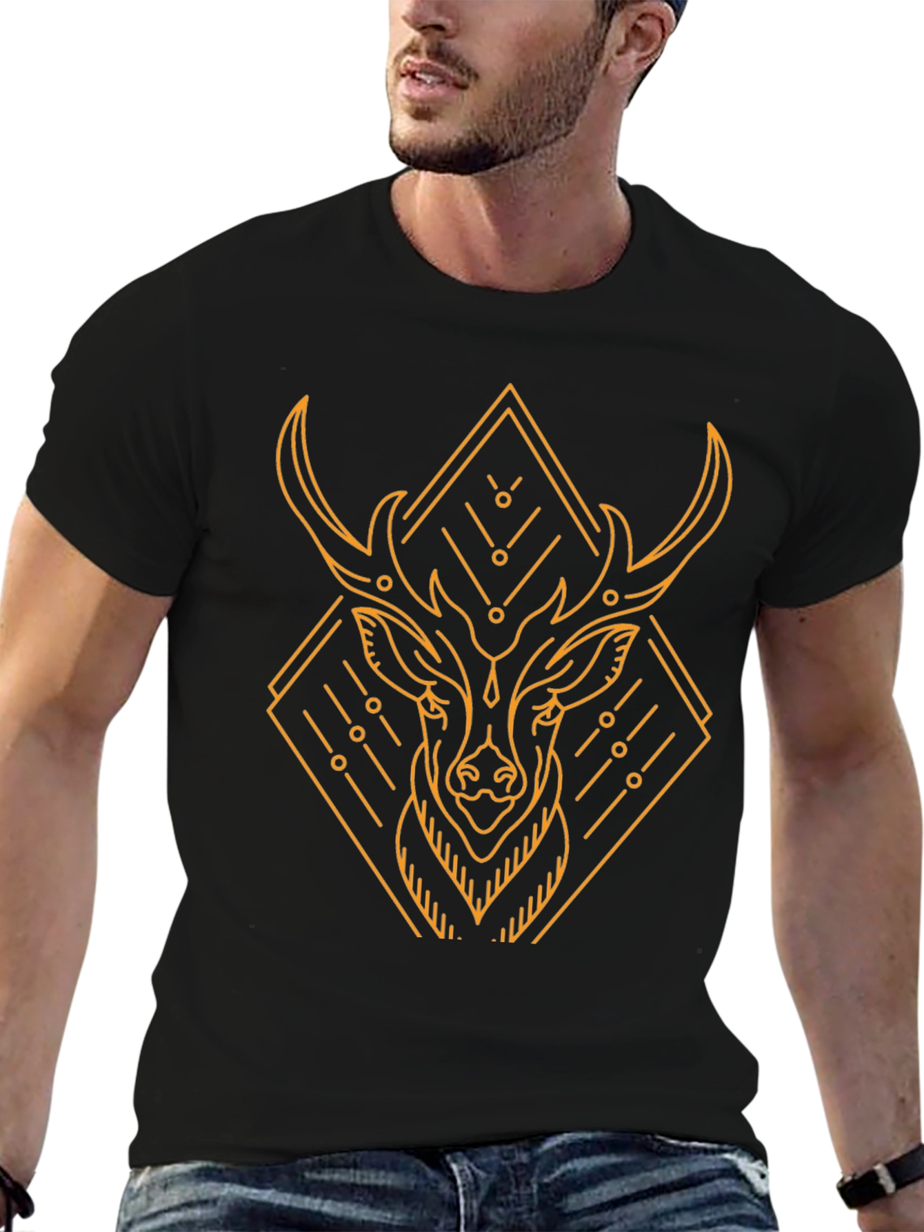 Geometric Deer Graphic Black T-Shirt
