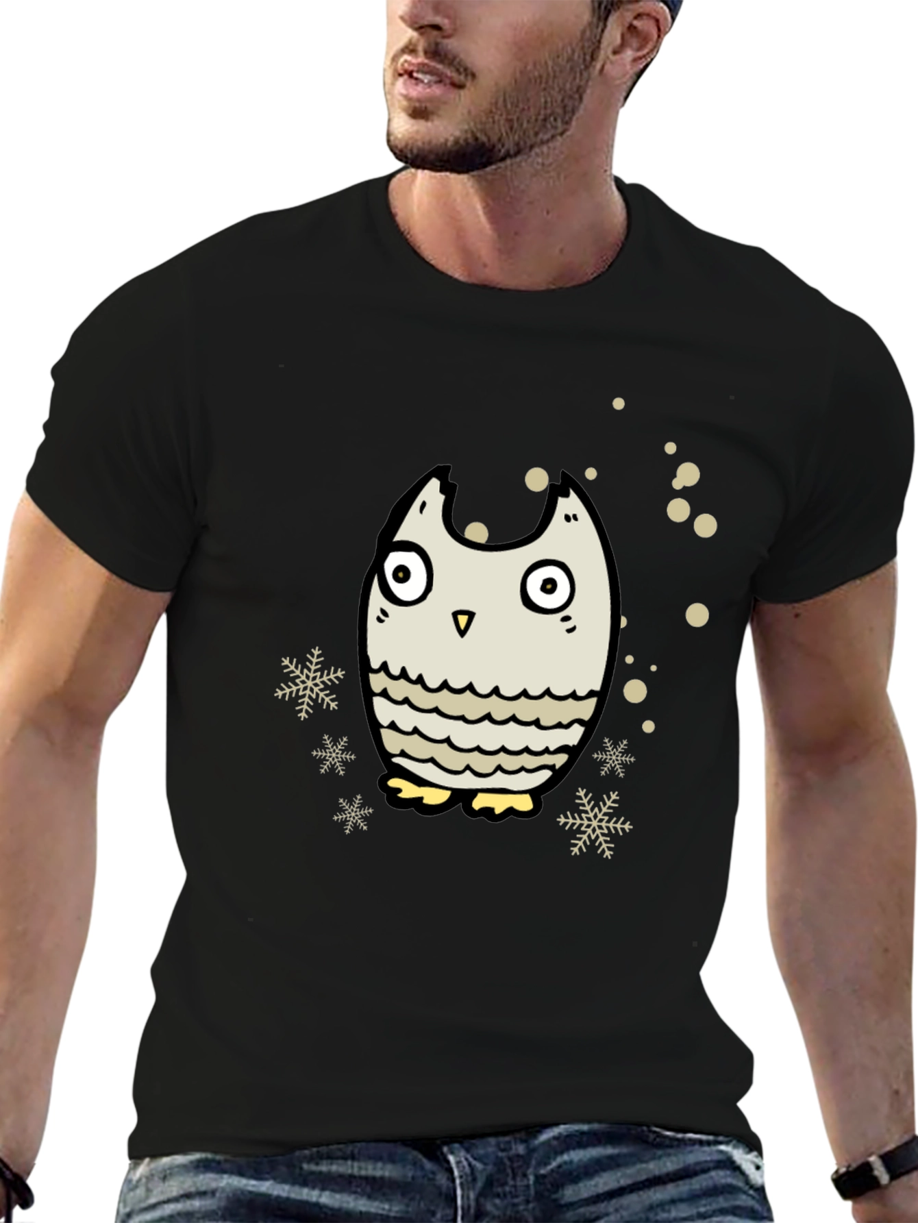 Owl Graphic Black T-Shirt - Winter Holiday Design