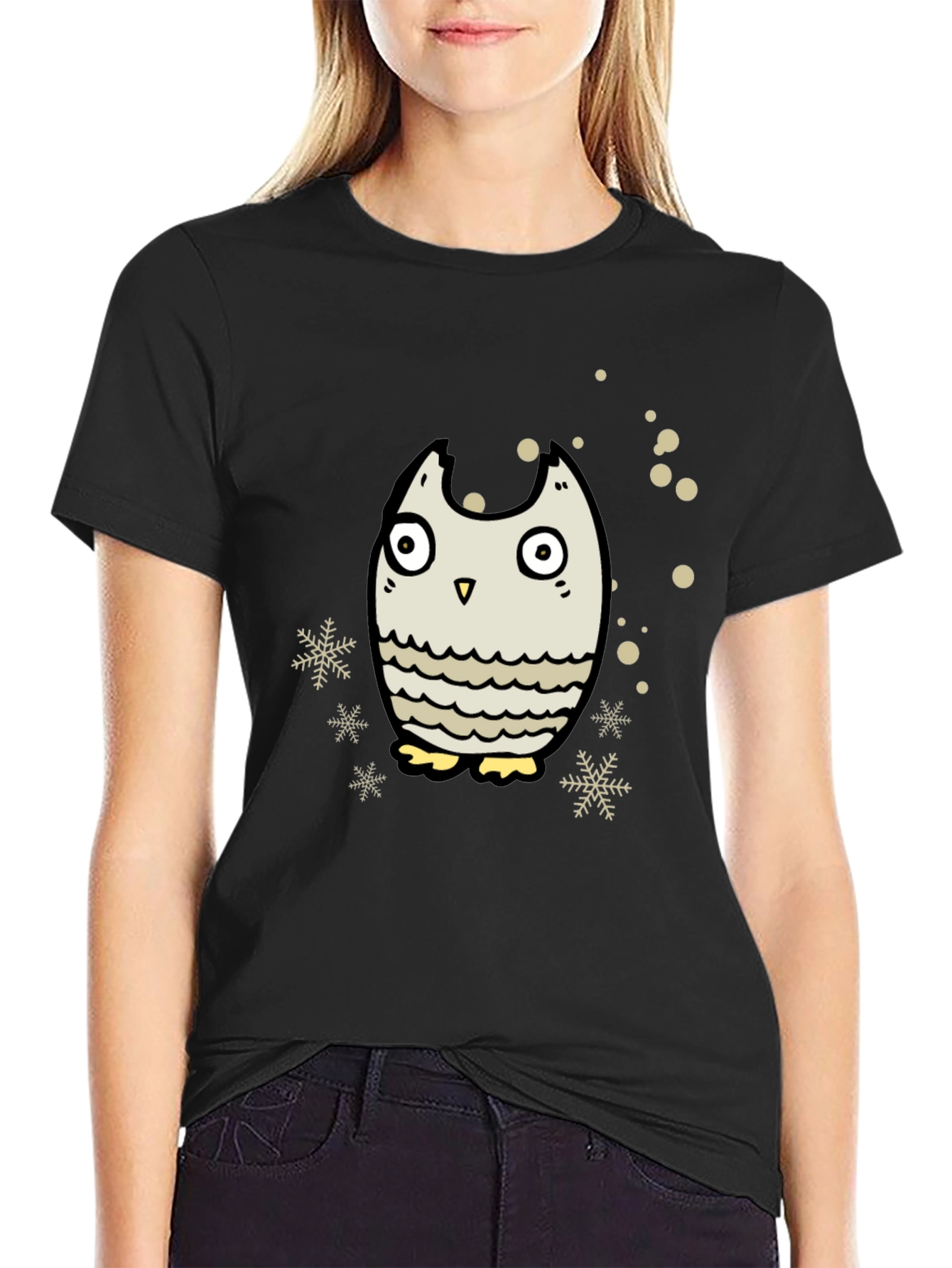 Owl Graphic Black T-Shirt - Winter Holiday Design