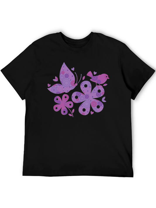 Butterfly & Flowers Graphic T-Shirt - Black