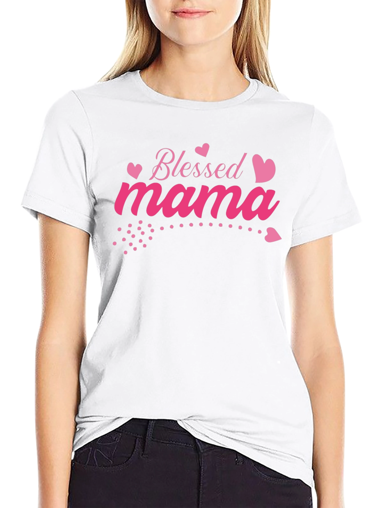Blessed Mama Pink Heart Graphic Black T-Shirt