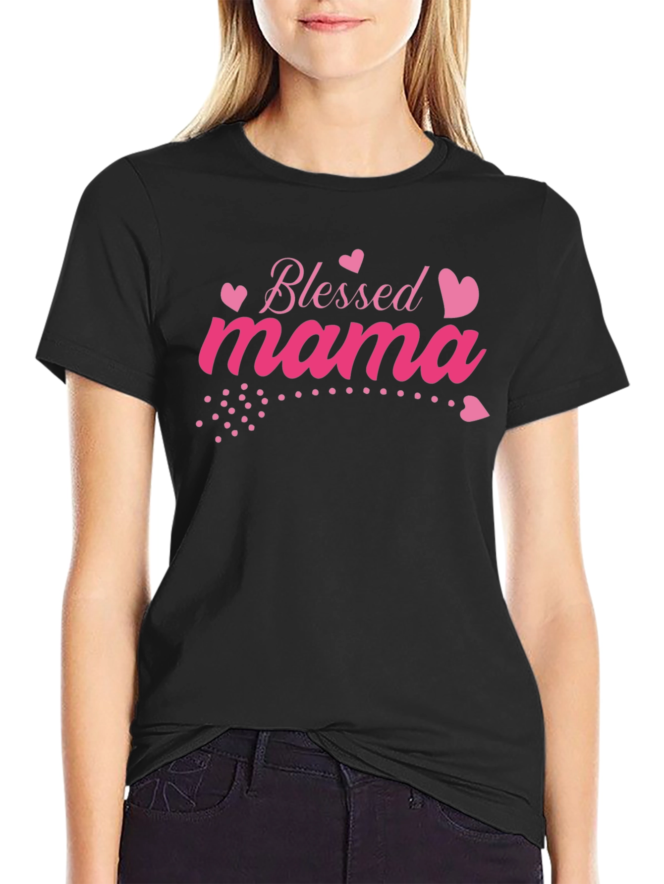 Blessed Mama Pink Heart Graphic Black T-Shirt