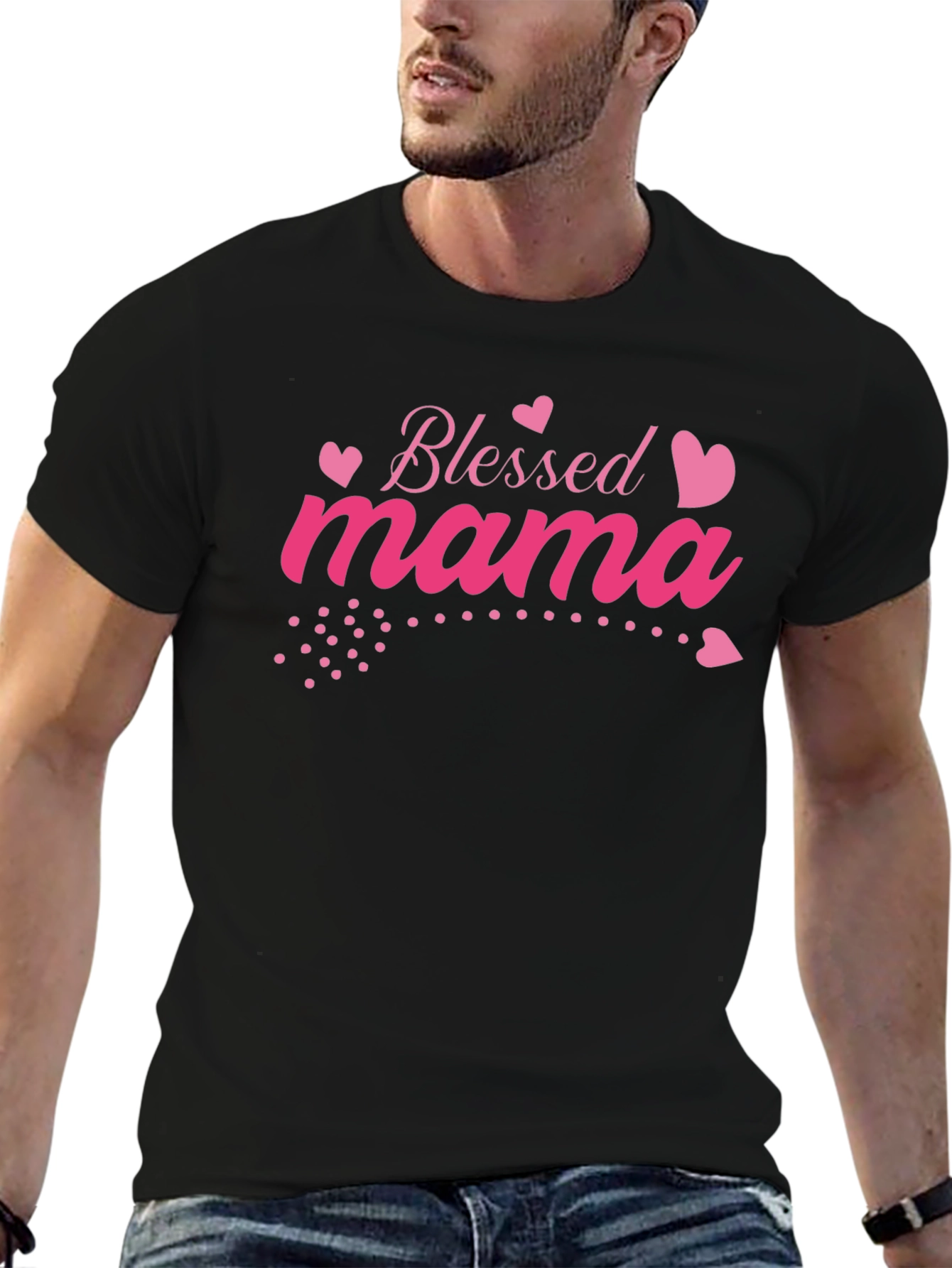 Blessed Mama Pink Heart Graphic Black T-Shirt