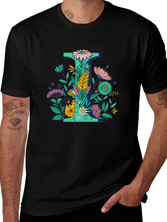Floral Letter I Graphic Tee - Black Cotton T-Shirt