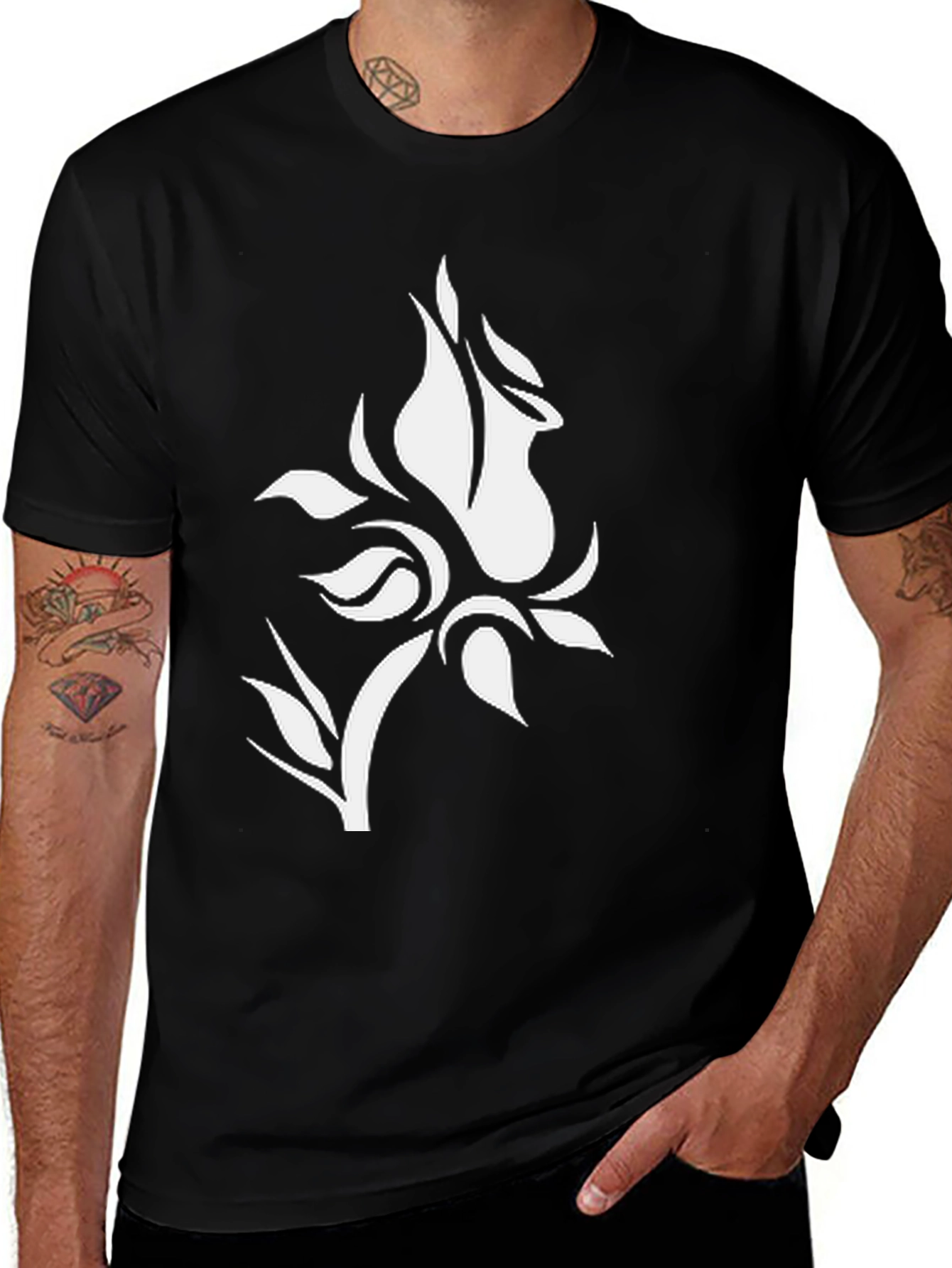 Black T-Shirt with White Floral Design