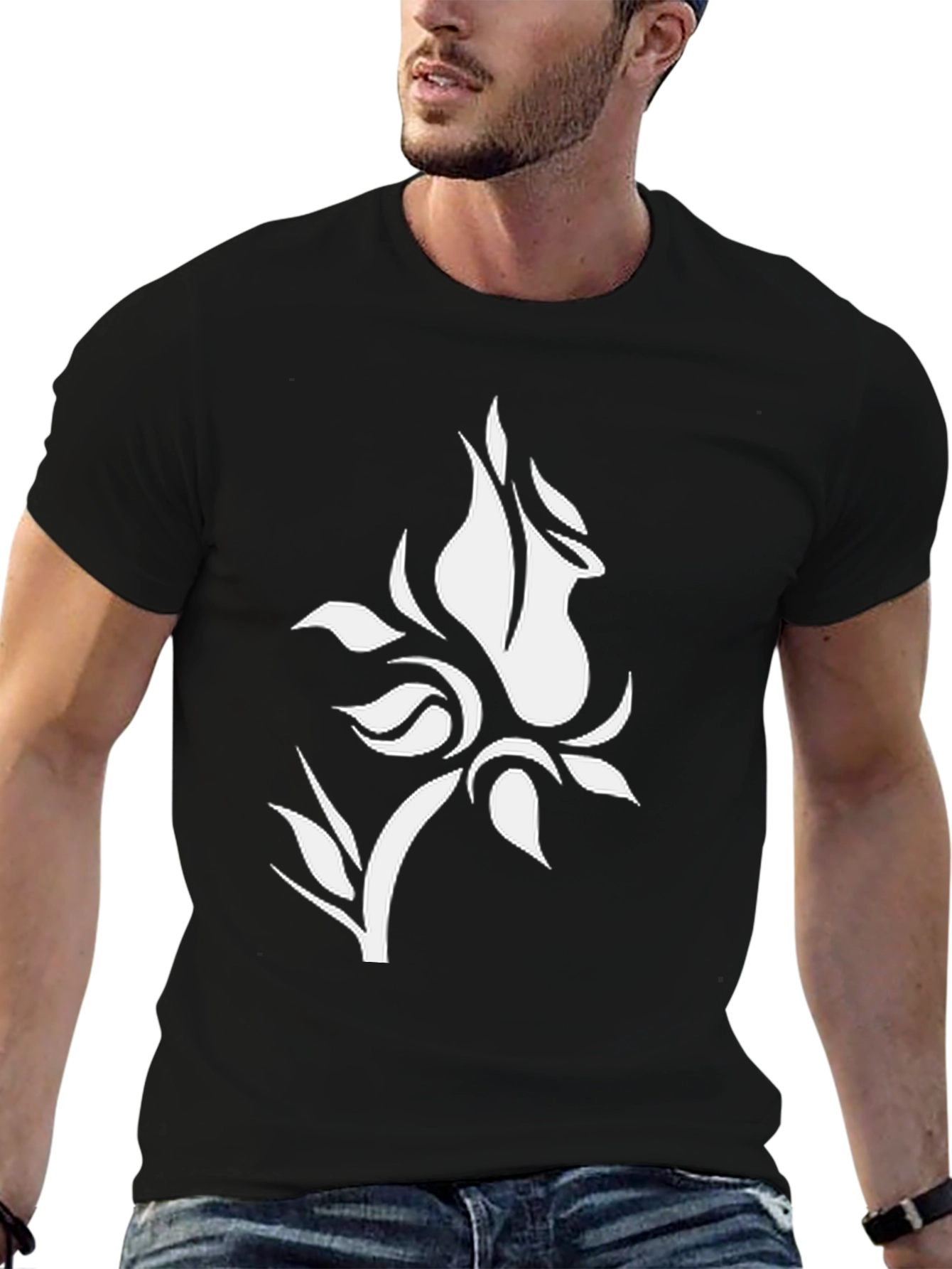 Black T-Shirt with White Floral Design
