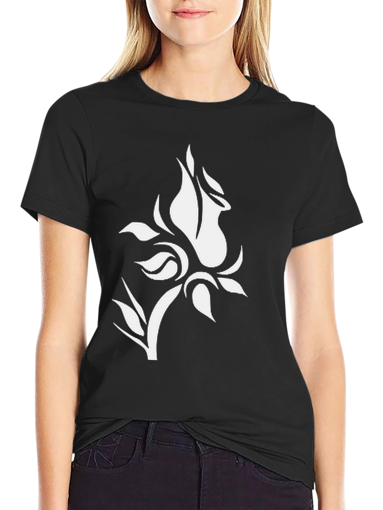 Black T-Shirt with White Floral Design