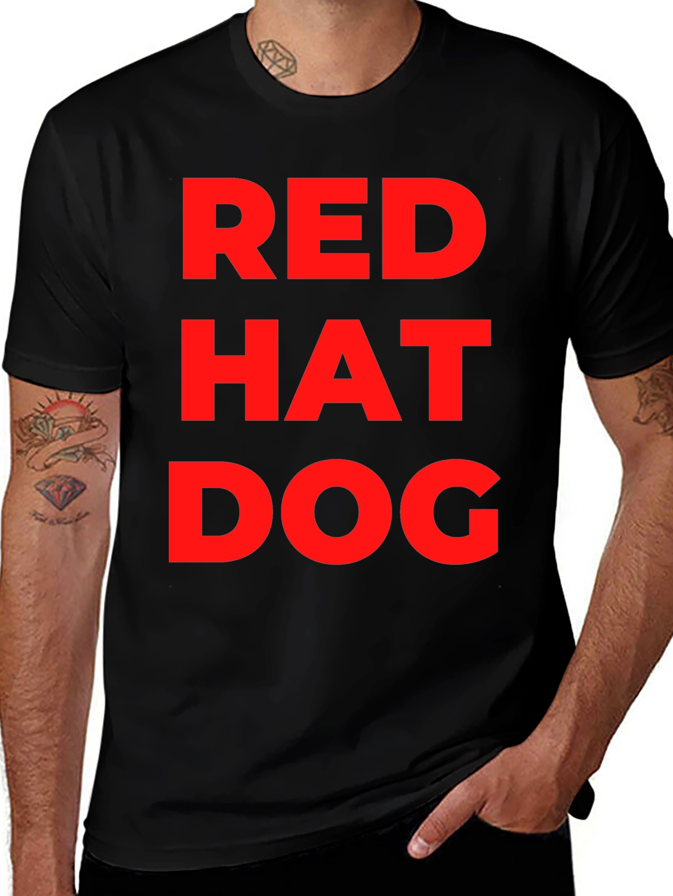 Red Hat Dog Graphic T-Shirt - Funny Casual Tee