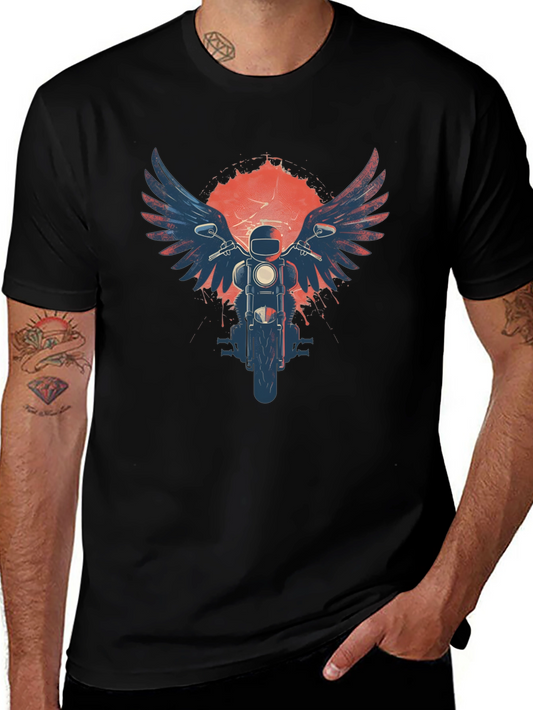 Winged Motorcycle Graphic Tee - Black Cotton Biker Shirt