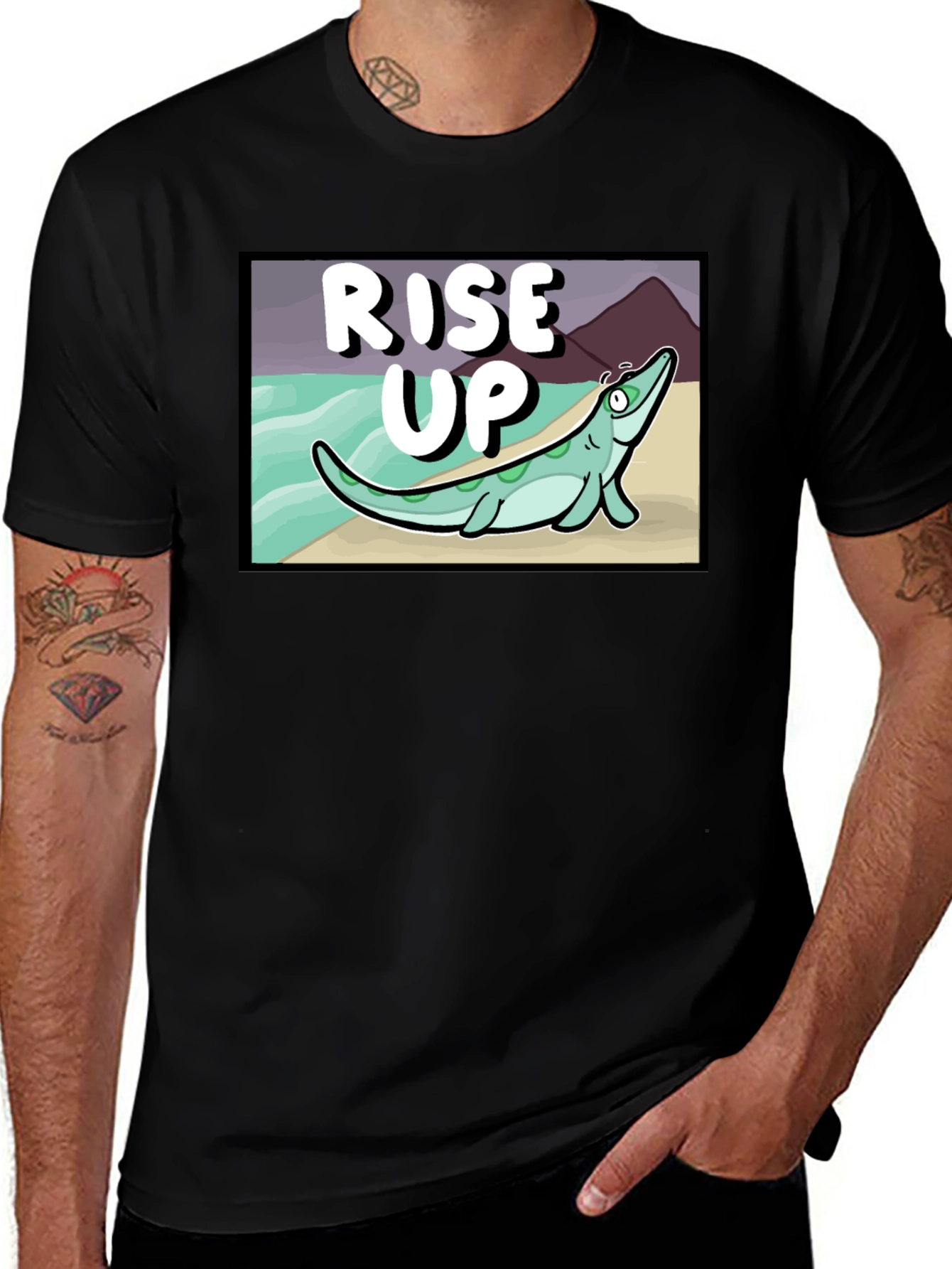 Rise Up Cartoon Sea Creature Black T-Shirt