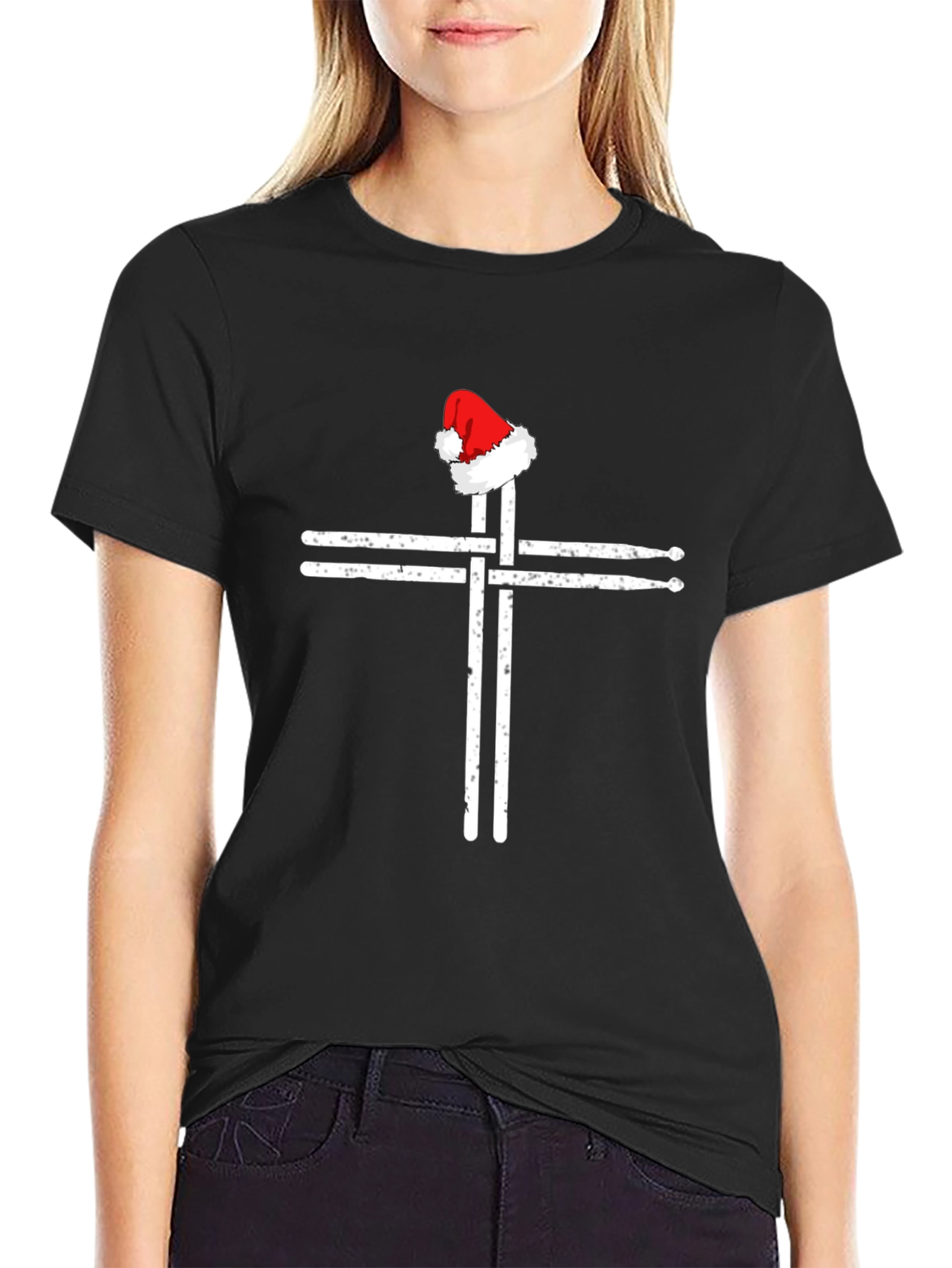 Drumsticks Cross Santa Hat T-Shirt - Black Graphic Tee