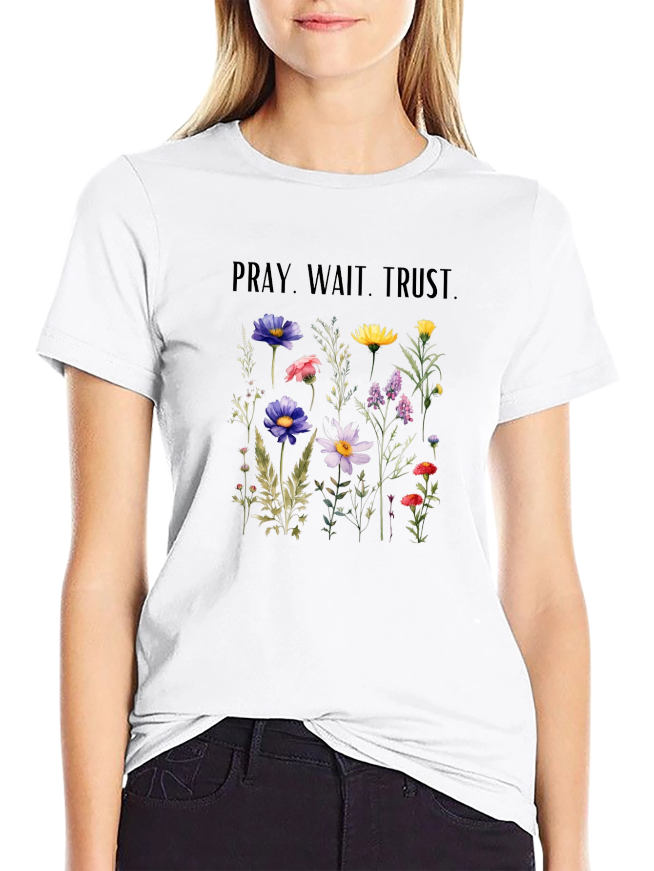 Pray Wait Trust Floral Graphic T-Shirt