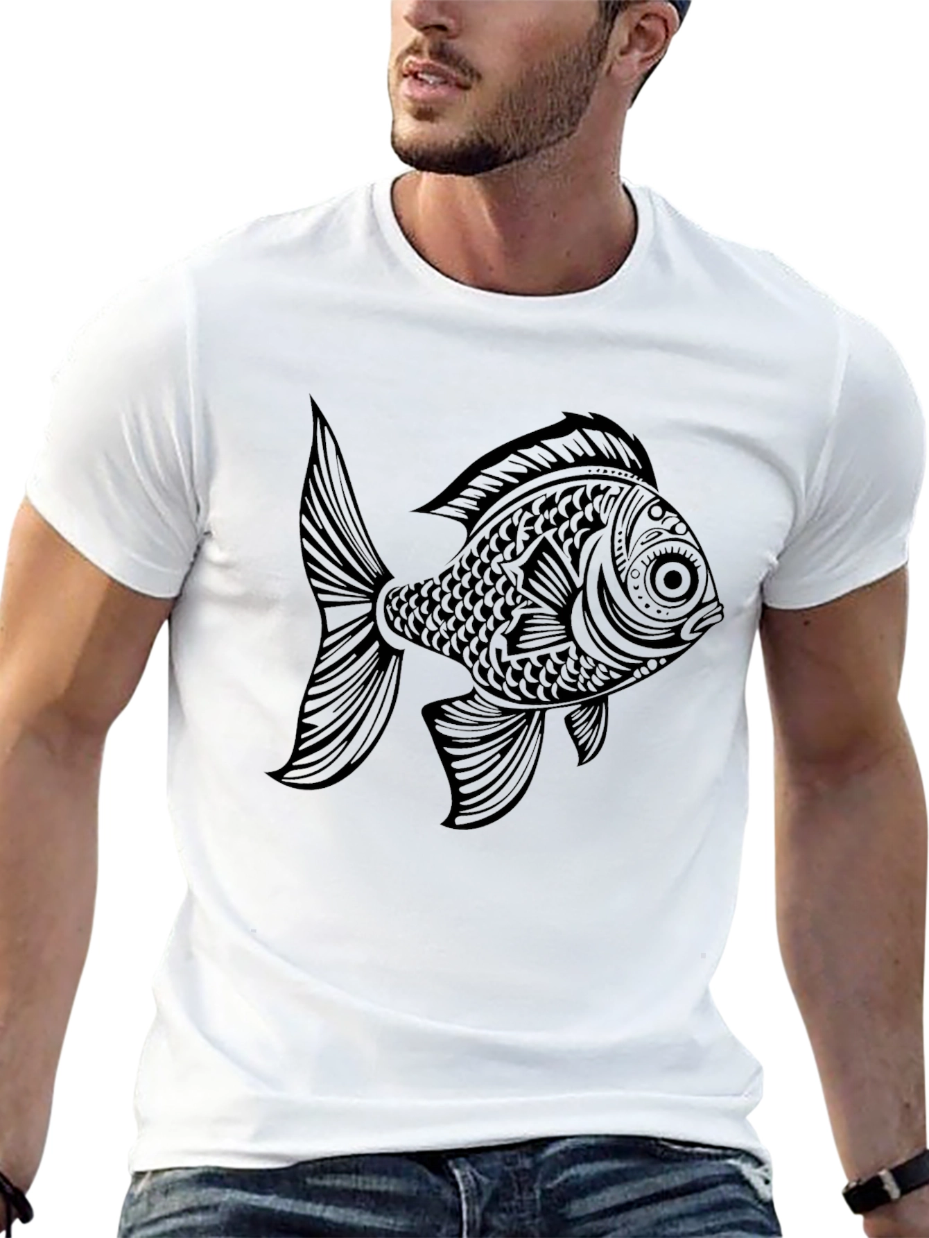 Black T-Shirt with Ornate Fish Graphic