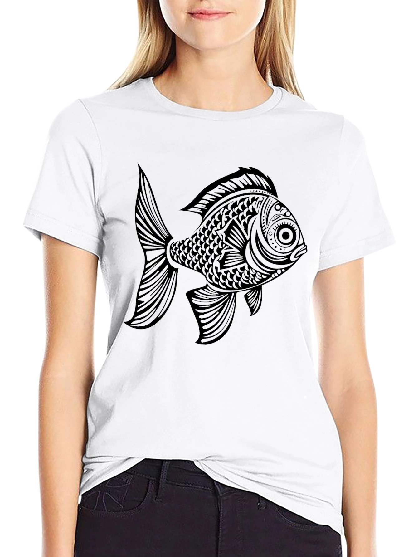 Black T-Shirt with Ornate Fish Graphic