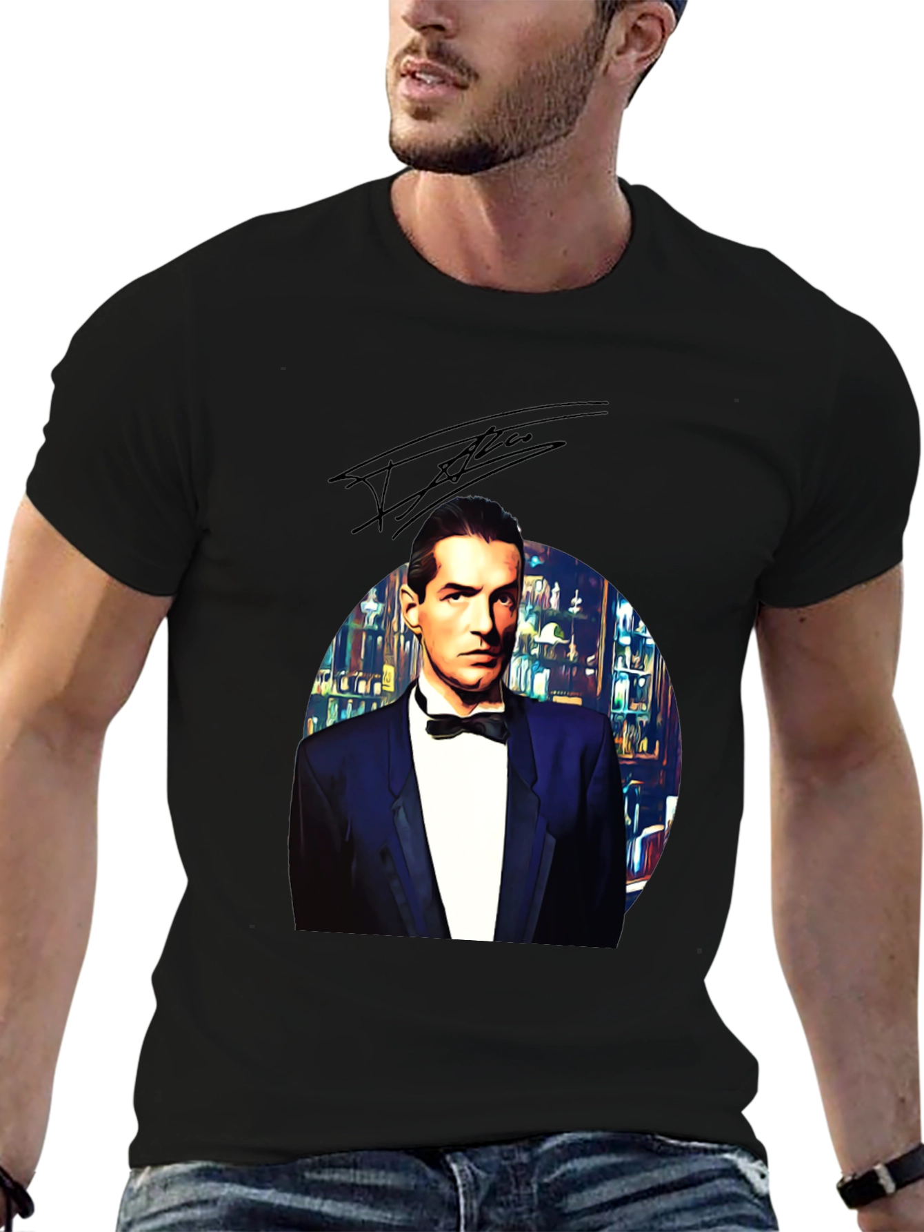 Elegant Man in Tuxedo Graphic Tee - Black