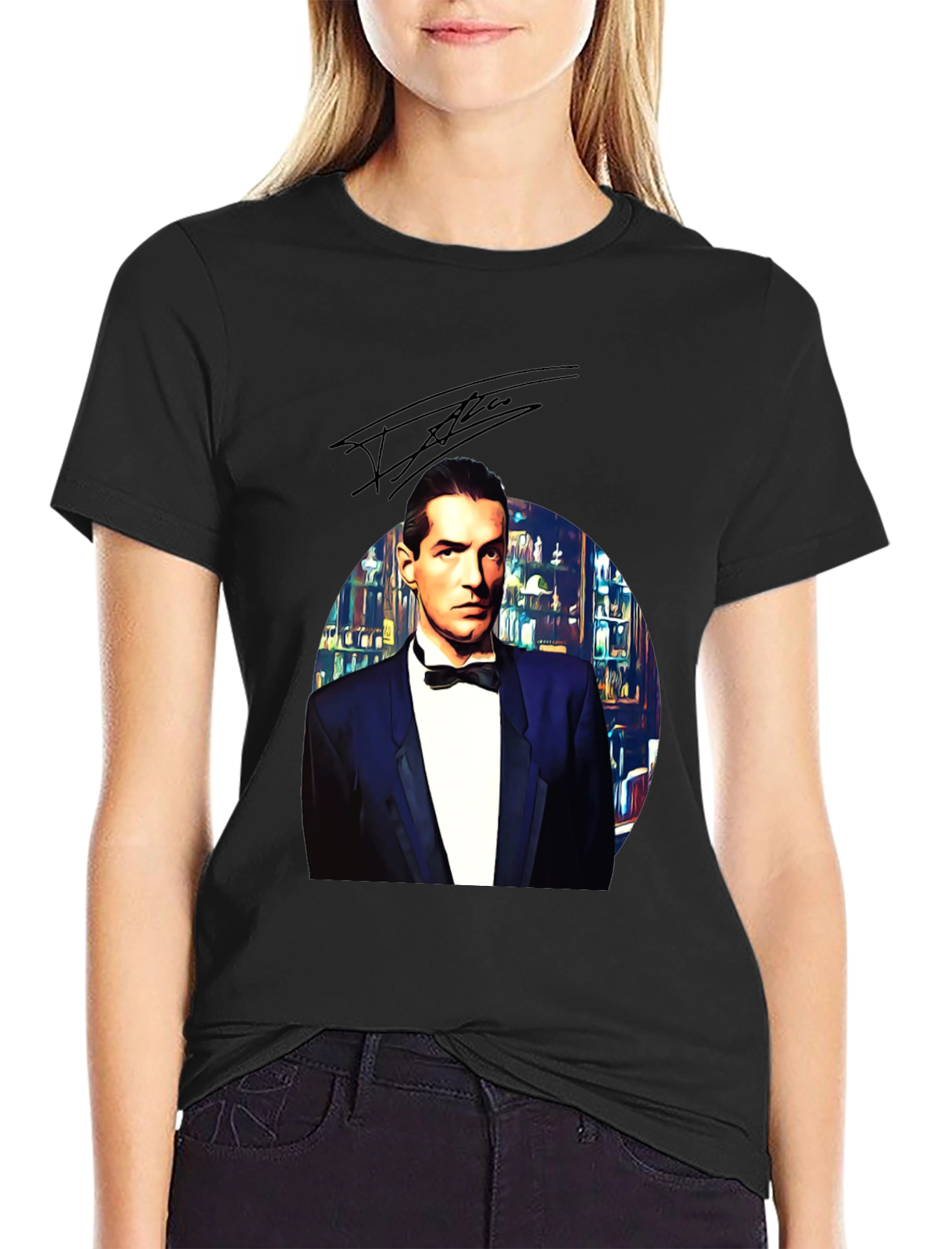 Elegant Man in Tuxedo Graphic Tee - Black
