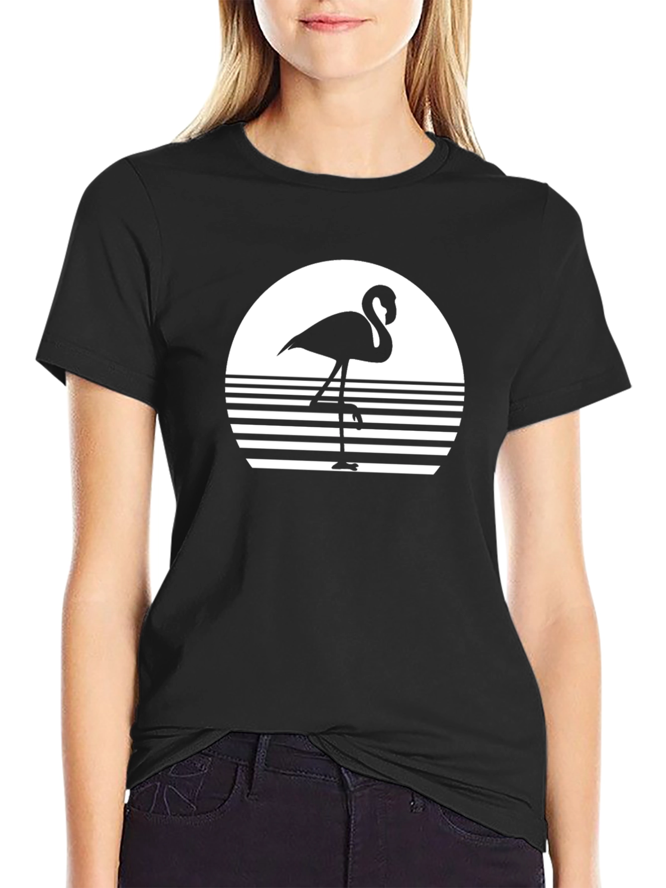 Retro Flamingo Graphic Tee - Black Cotton Comfort