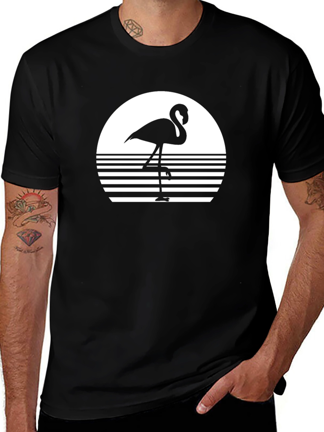 Retro Flamingo Graphic Tee - Black Cotton Comfort