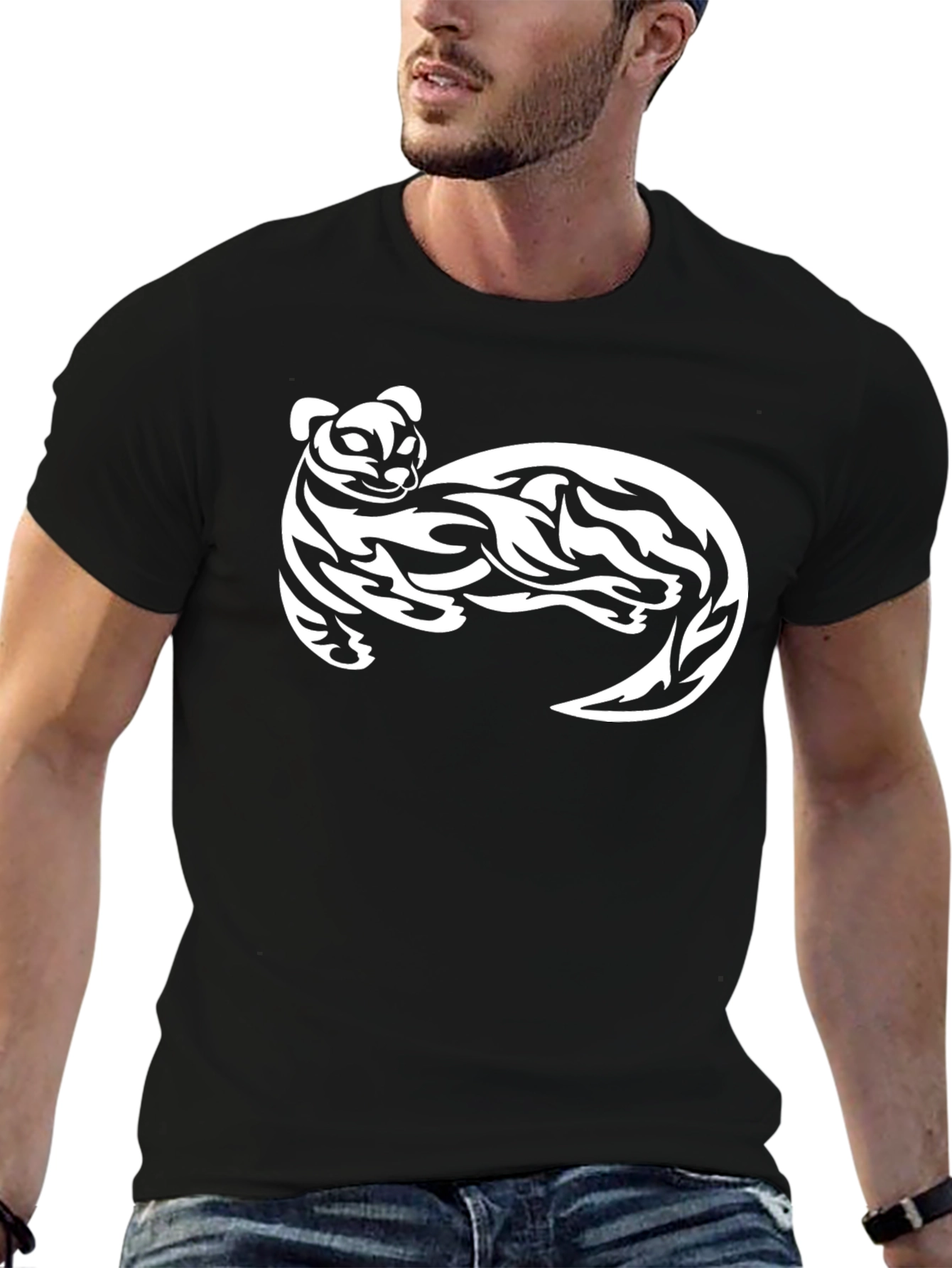Black T-Shirt with White Tribal Cat Graphic